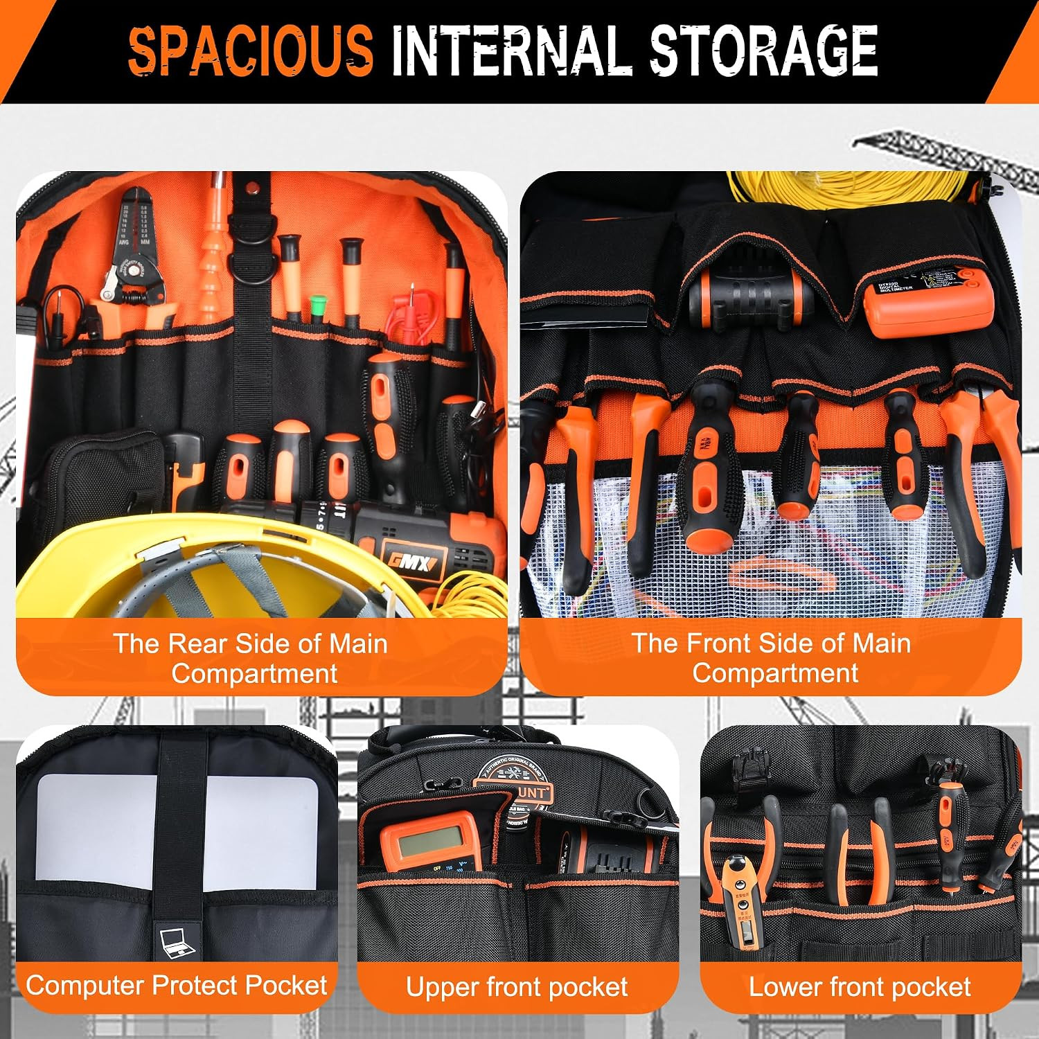 Tool Backpack Heavy Duty with Molded Bottom, 1680D 56-Pocket Tool Bag Organizer