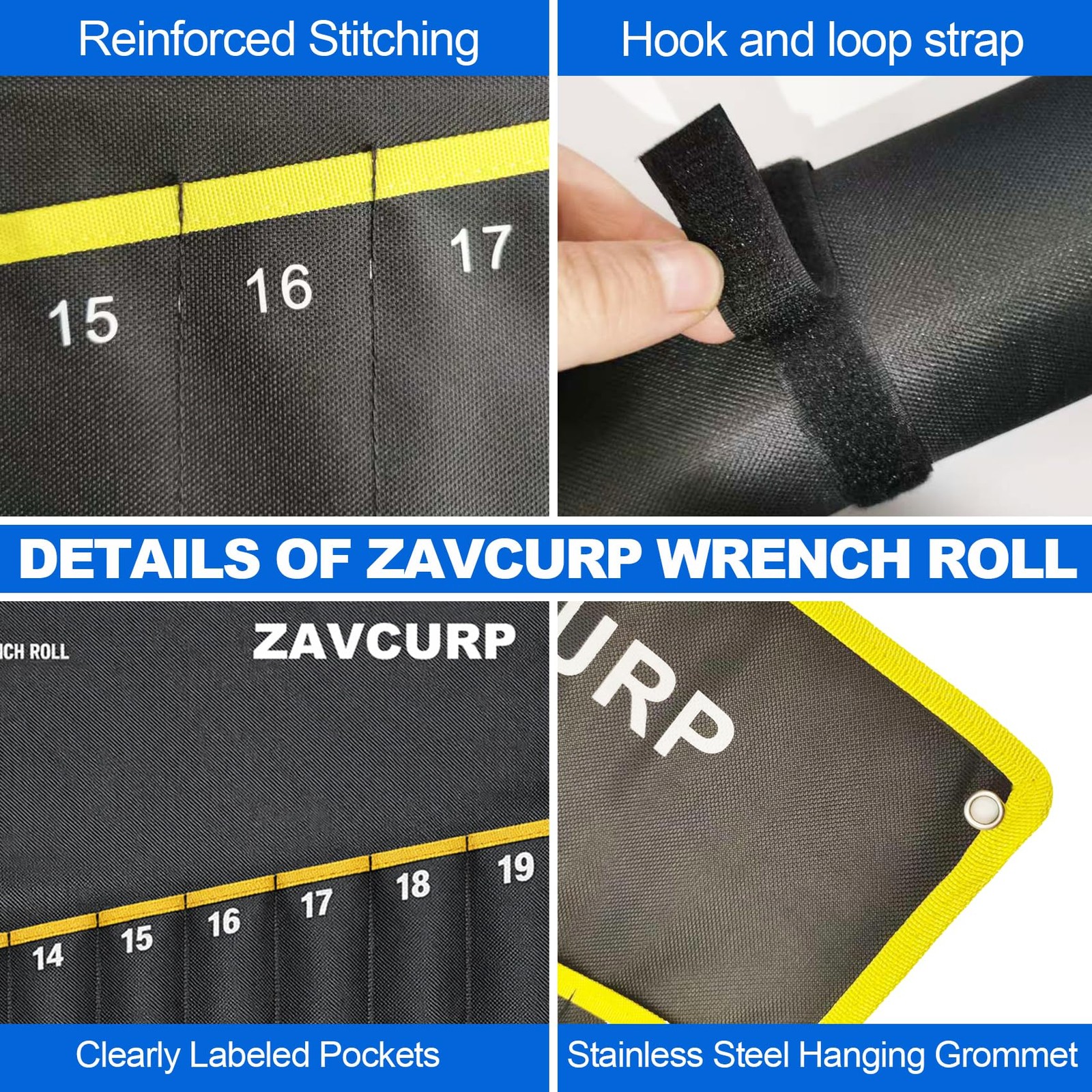 2PCS Wrench Roll 10 Pockets SAE+12 Metric, Black With Yellow Trim