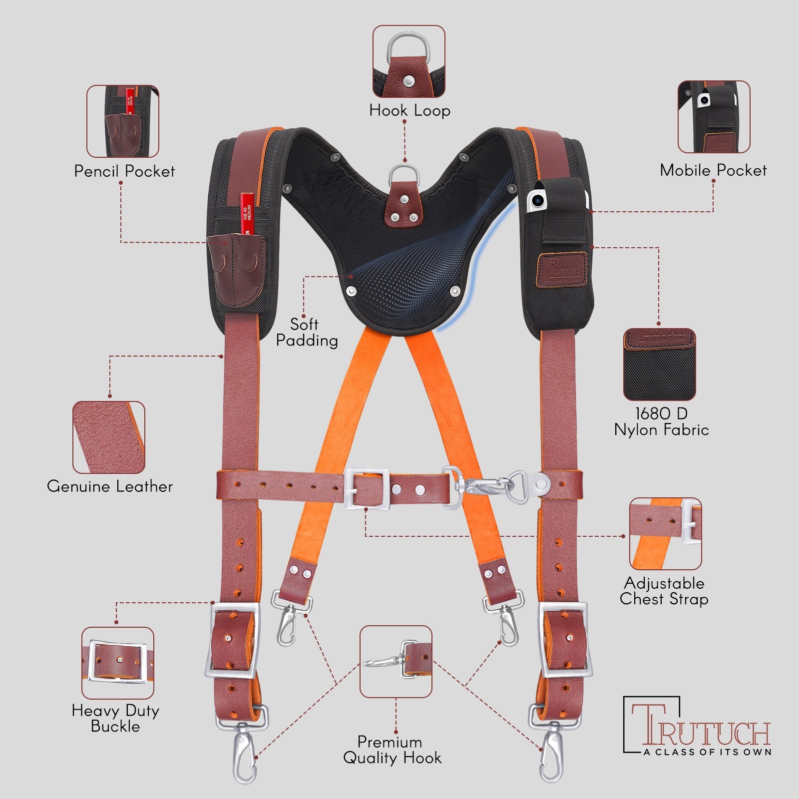 TRUTUCH Nylon and Leather Tool Belt with Leather Work Suspender | Construction
