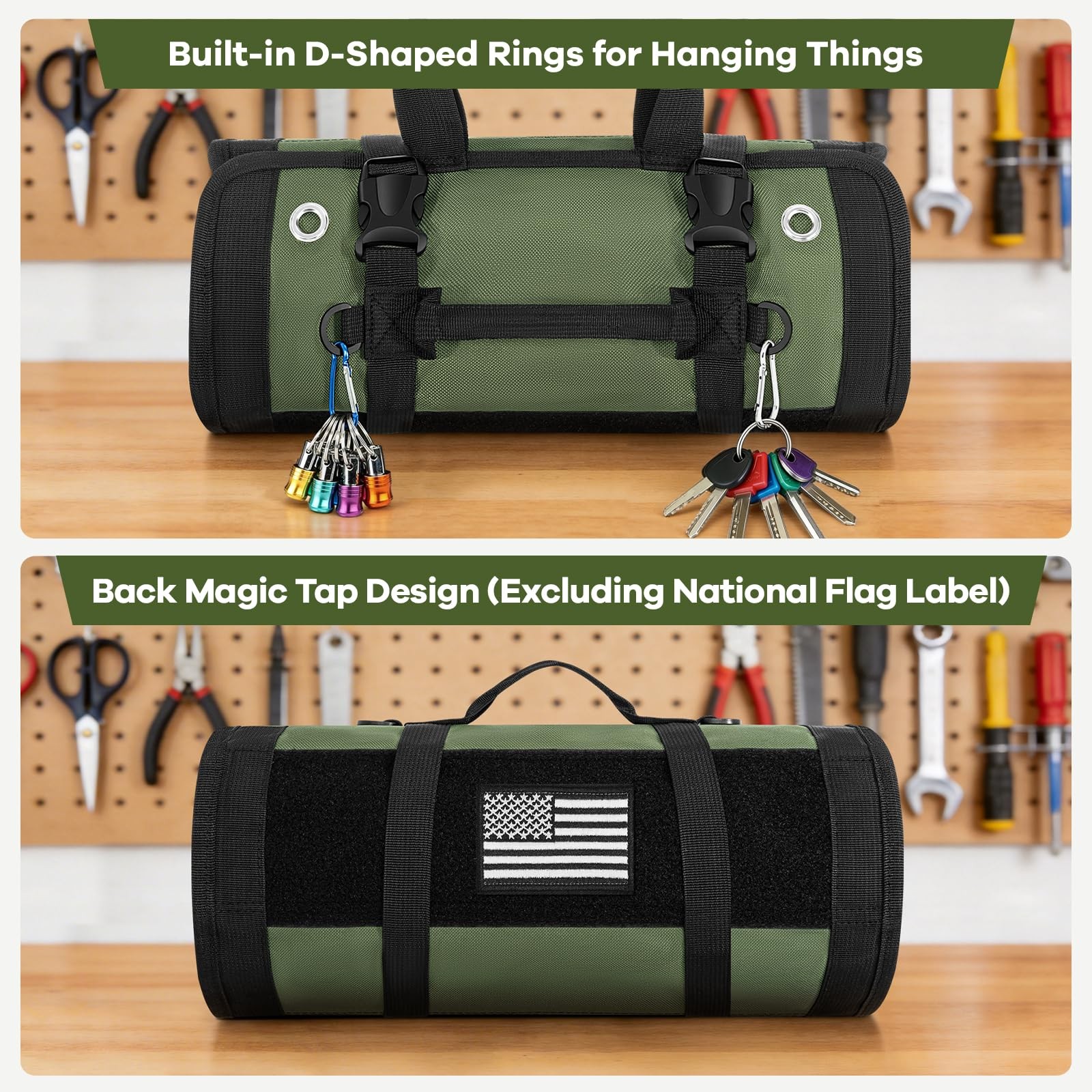 Green Regular Roll Up Tool Bag Organizer Heavy Duty 2 Detachable Pouches