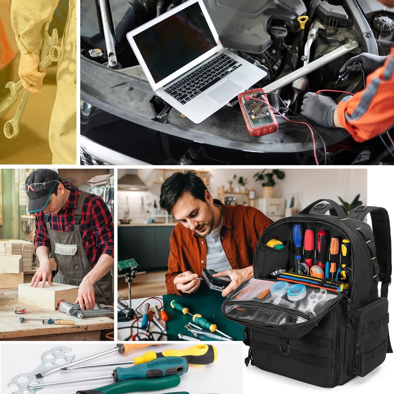 Tool Bag Backpack for Men with 3 Tool Pouches, Heavy-Duty Tool Storage Organizer