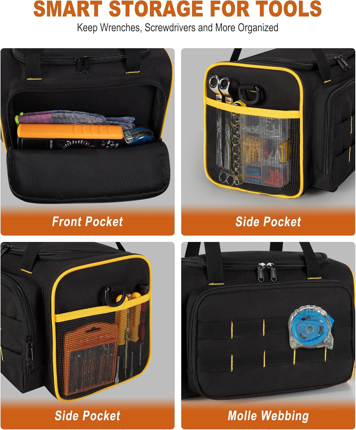 12-Inch Tool Bag with Multiple Pockets, Heavy Duty Tool Tote for Men, Black
