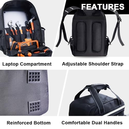 Tool Backpack for Men 18 Inch Heavy Duty Waterproof Multiple Pockets Tool Black