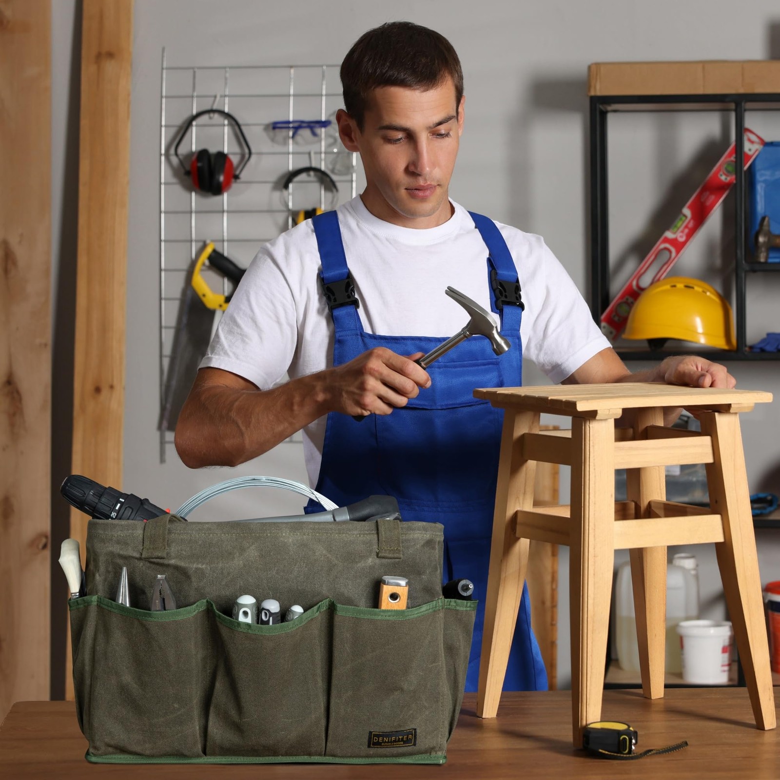 Tool Bag with Metal Frame, Waxed Canvas Wide Open Top Tool Tote Bag with 9 Ex…