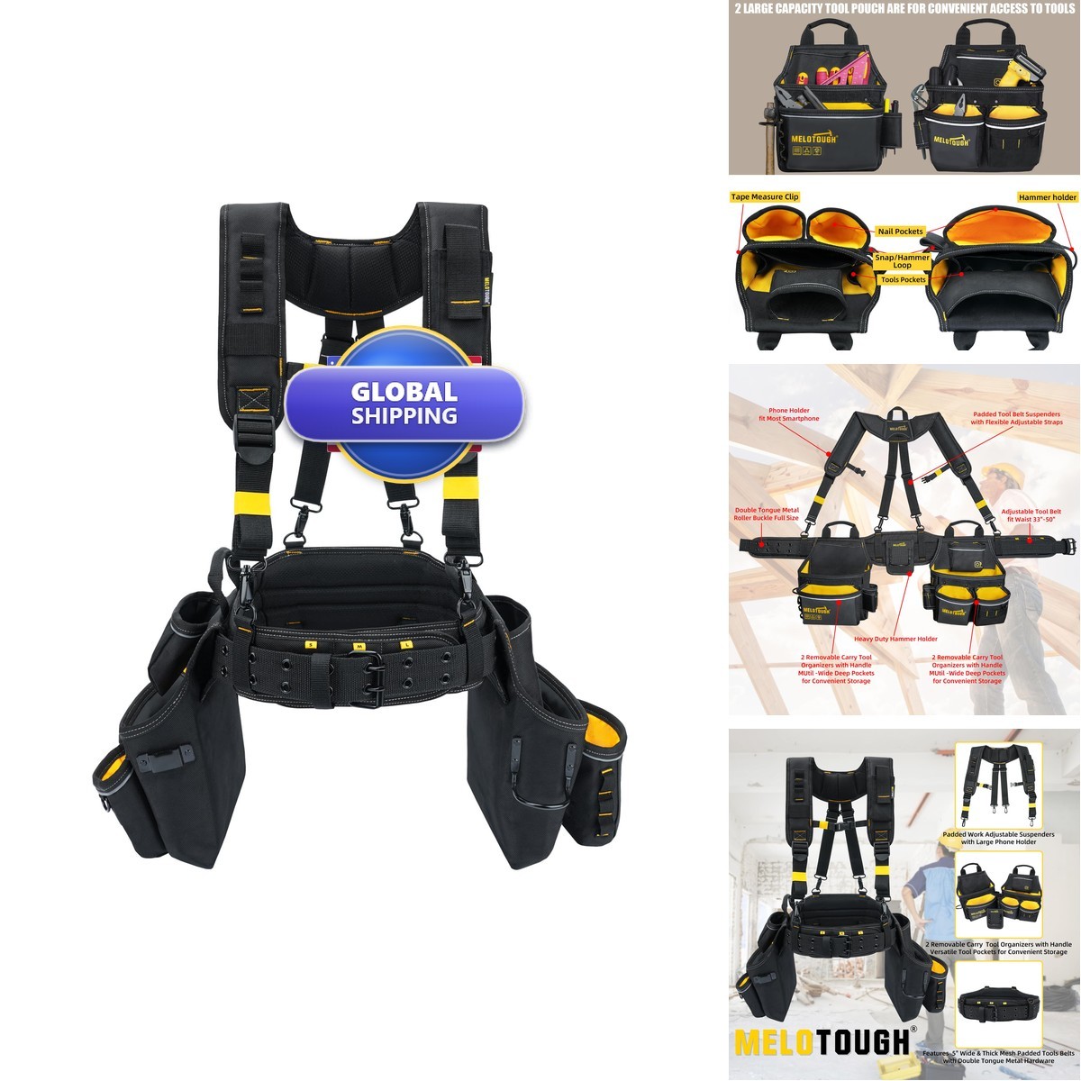 MELOTOUGH TC05-Yellow Tool Belt with Suspenders 32 Pockets 33-47 Waist