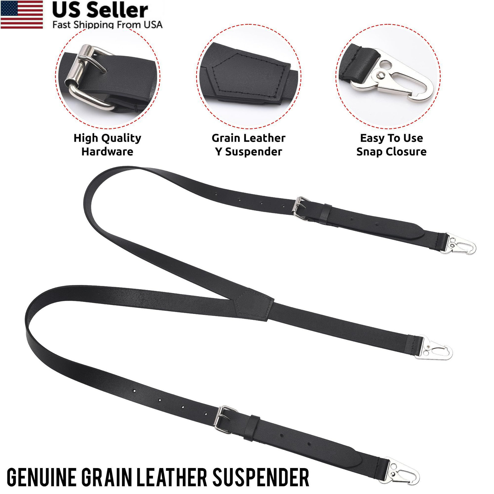 NUTUCH Full Grain Leather Suspender for Men | Y Design Adjustable, Black