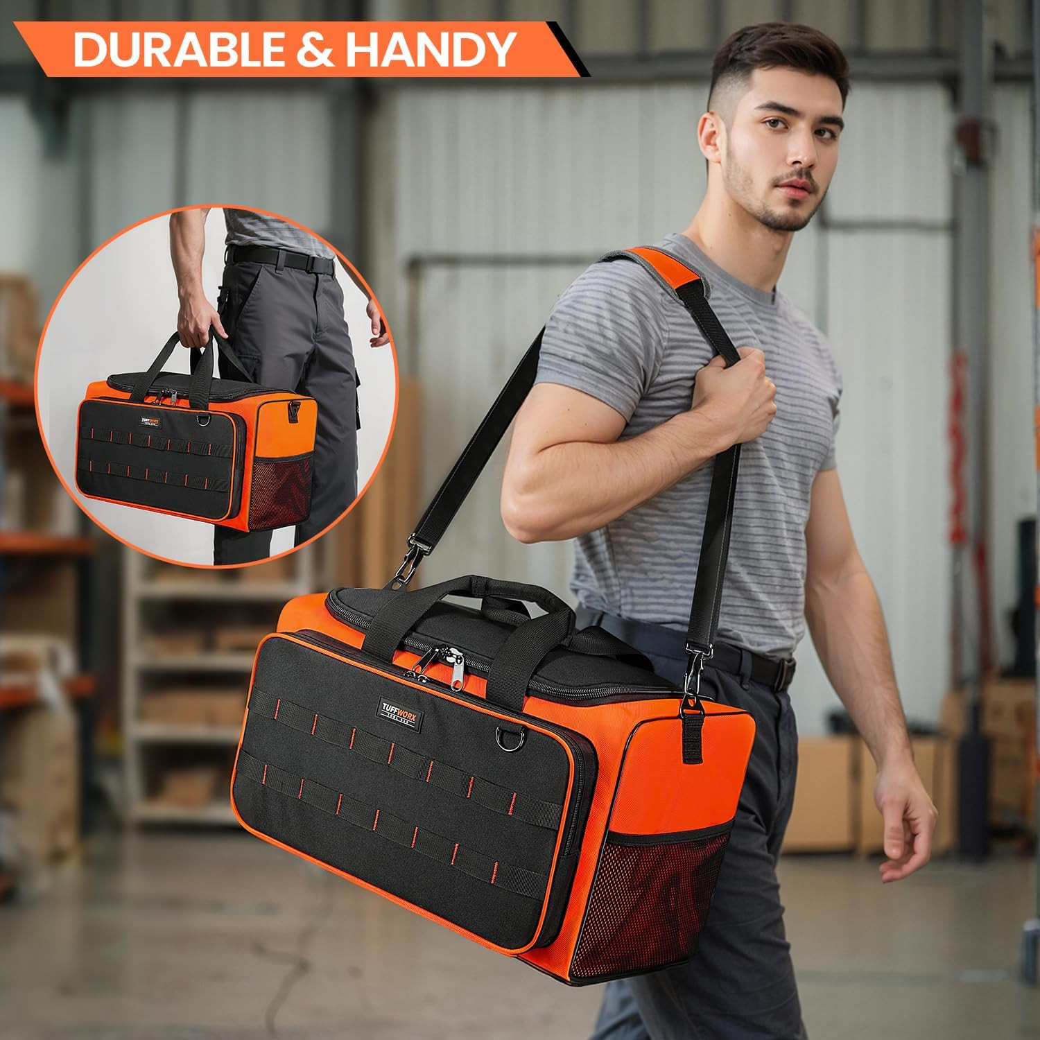 Durable Heavy Duty Tool Bag, 2 Pockets, 19.7″x11.8″x10.6″, Black & Orange