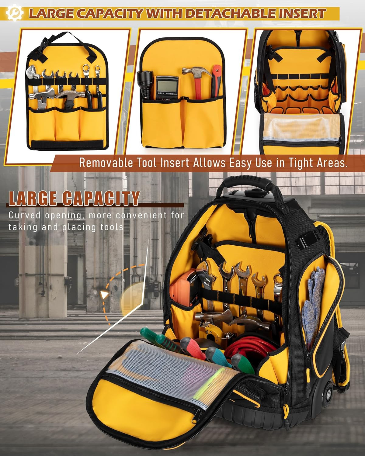 Durable Rolling Tool Backpack with Detachable Insert & Ample Storage Pockets