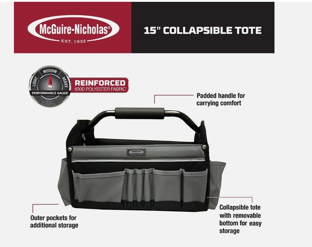NEW McGuire-Nicholas 15″ Collapsible Tool Tote, Grey Black Tool Tote Bag, 22015