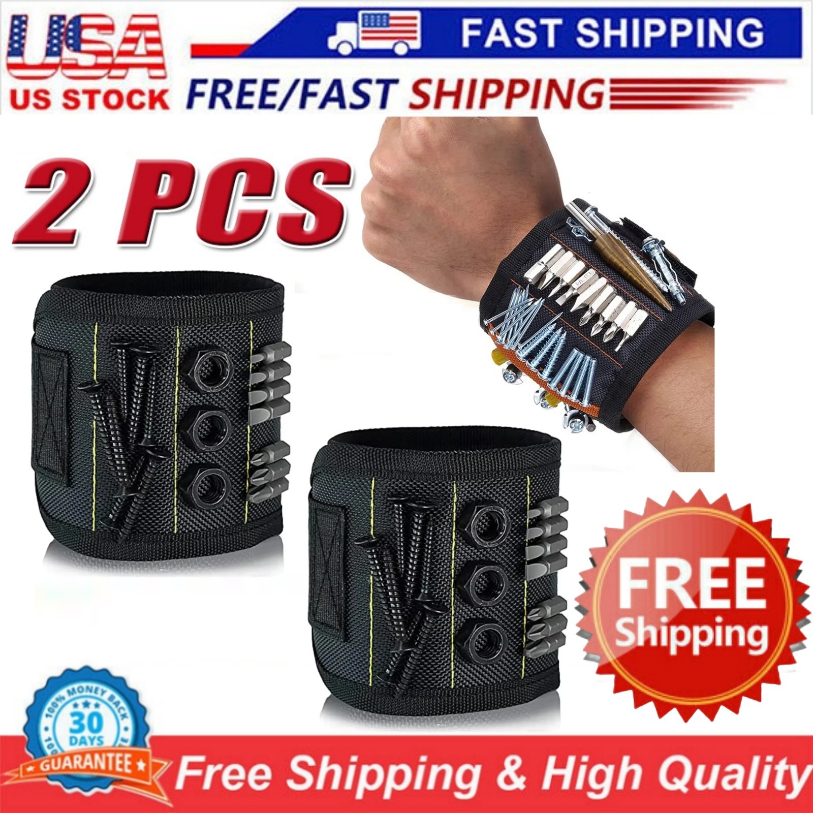 2PC Magnetic Wristband – 15 Strong Magnets for Screws, Nails & Tools