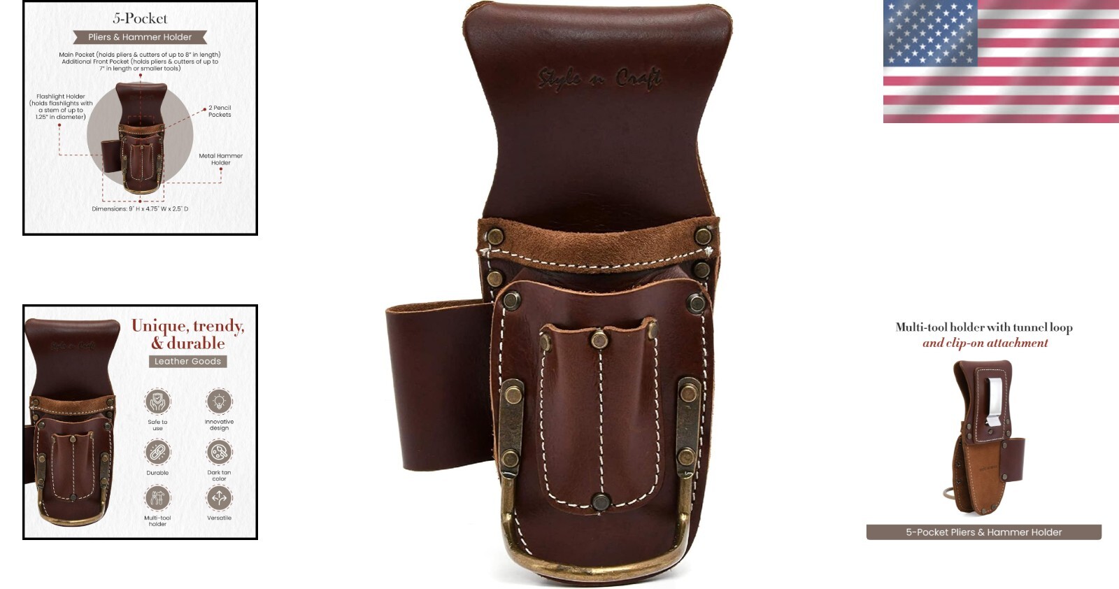 Lightweight 9-Pocket Tool Pouch in Dark Tan Leather – Perfect for Professionals