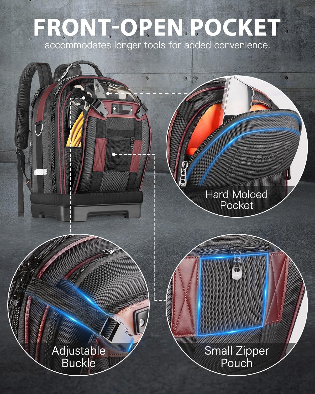 FUZVOL Heavy Duty Tool Backpack, 18-Inch Hard Shell Electrician Tool Bag, Ful…