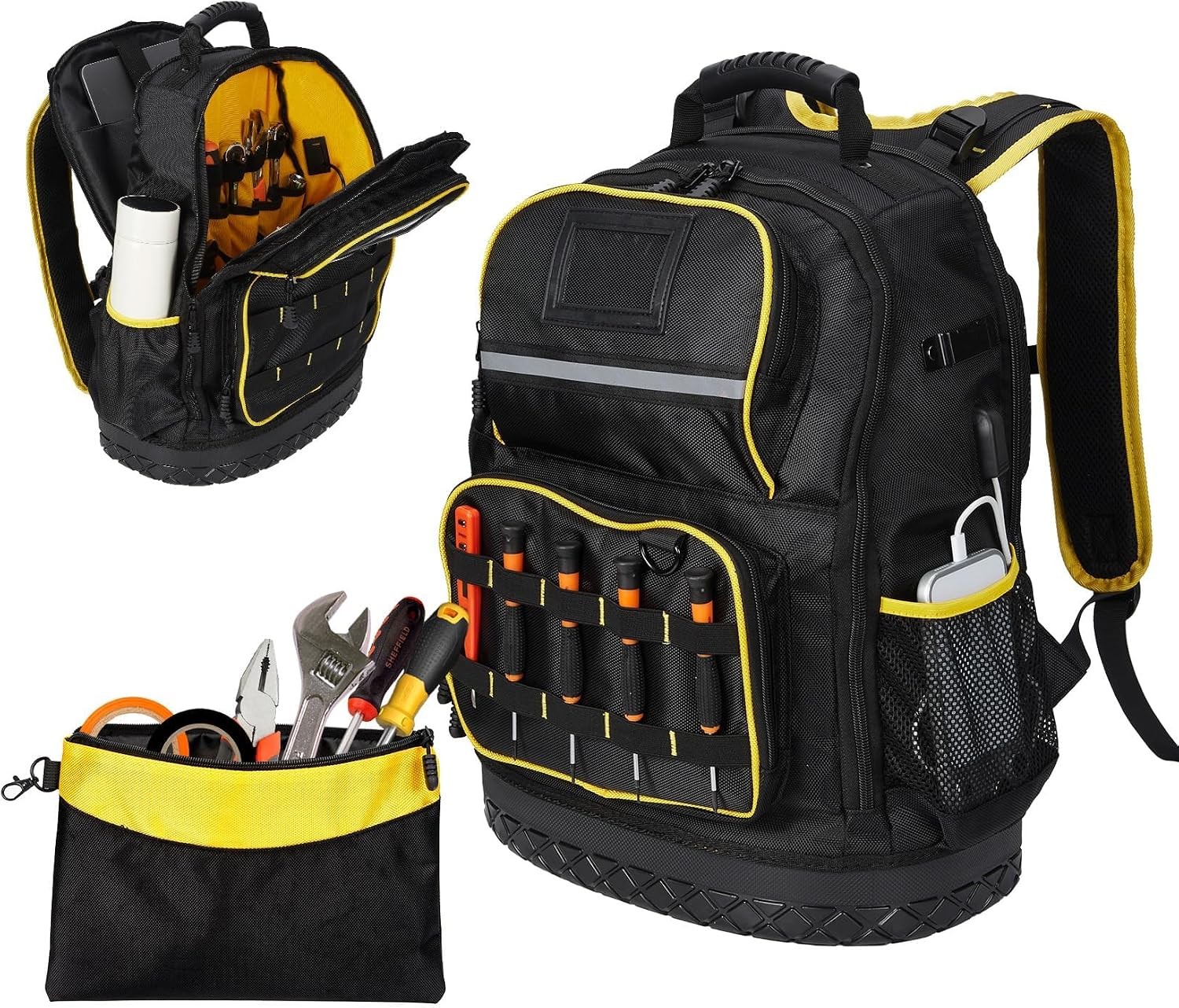 18in Hard Tool Backpack Water Resistant Oxford Laptop Sleeve Detachable Pouch