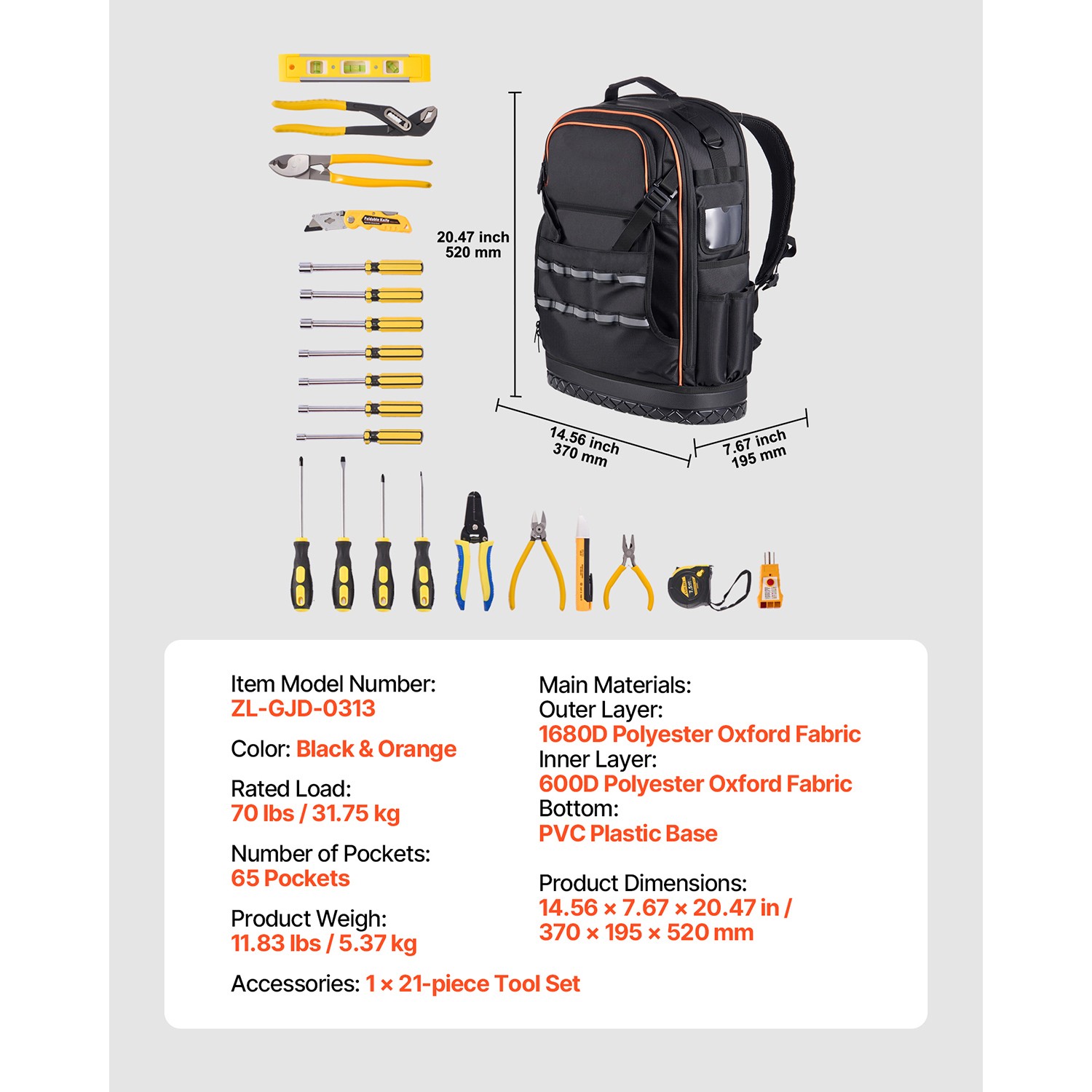 Uimoso Durable Tool Backpack with 65 Pockets for Jobsite Use