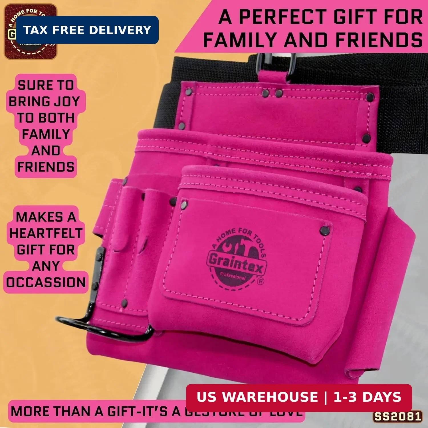 Graintex 5 Pocket Suede Leather Tool Belt/Bag | Pink | Multipurpose Leather Tool