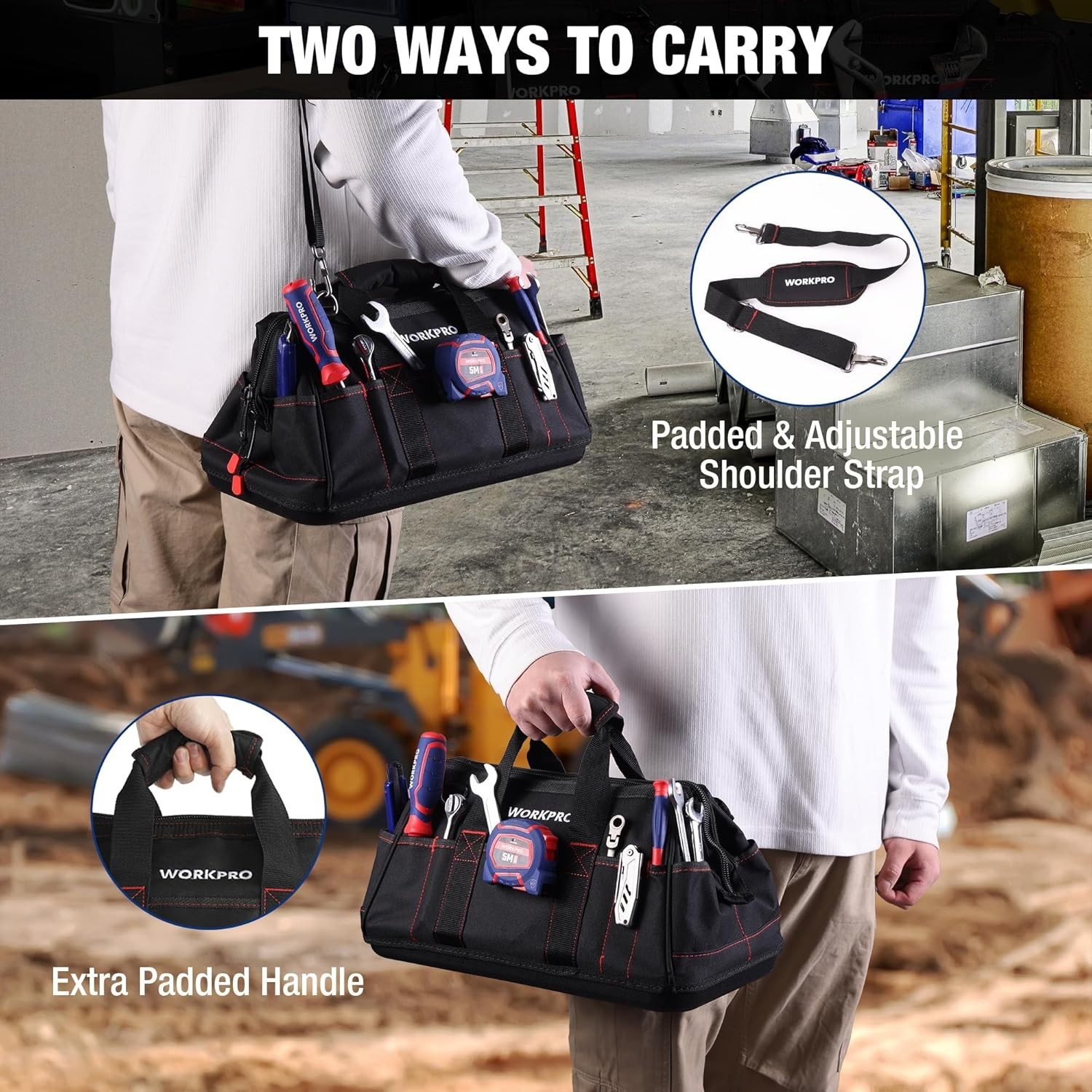 16-inch Wide Mouth Waterproof Tool Bag with Padded Handle & Adjustable Strap