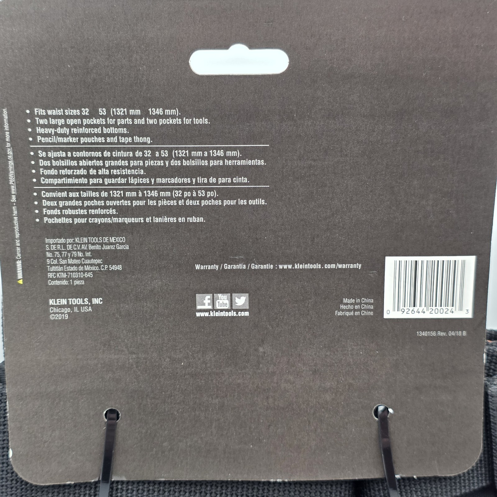 Klein Tools Adjustable Black Tool Belt with Heavy Duty Pockets and Tape Thong