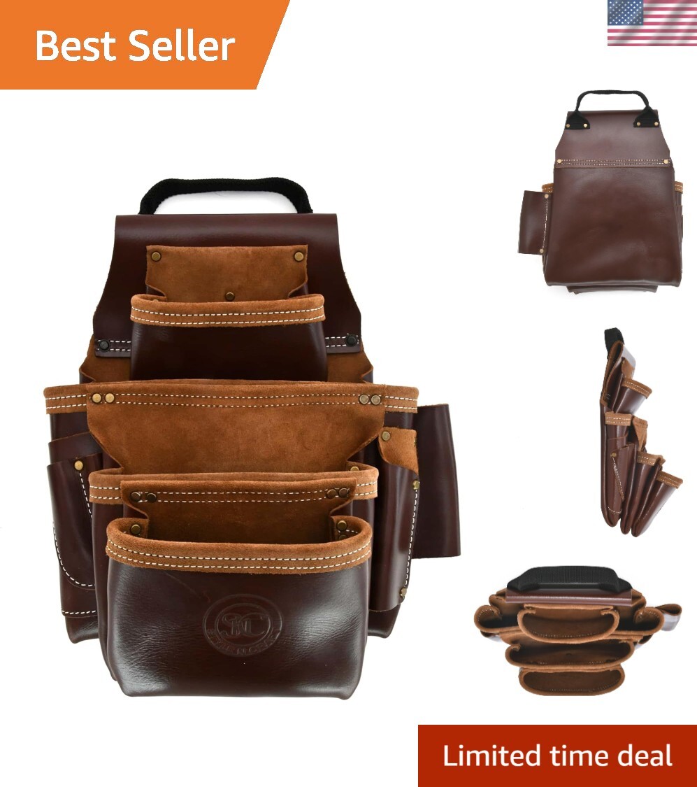 Dark Tan Leather Tool Pouch with 9 Pockets – Perfect for Framers & Carpenters