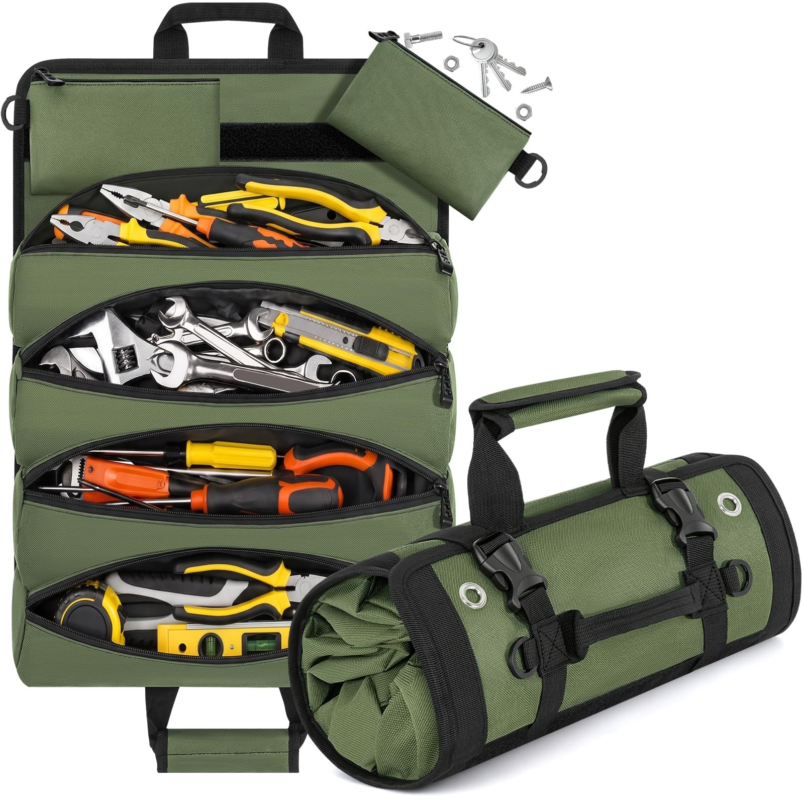 Green Regular Roll Up Tool Bag Organizer Heavy Duty 2 Detachable Pouches