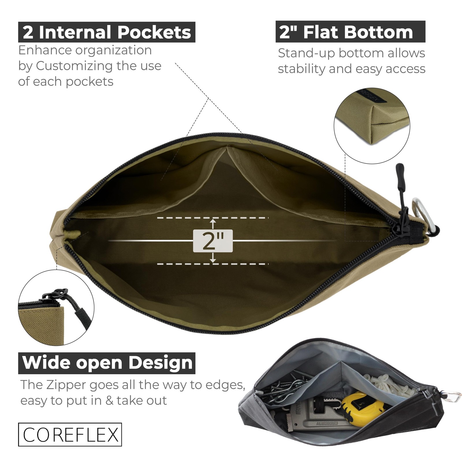 COREFLEX Premium Tool Pouch Zipper Bag, 3 pack Large 12inch Khaki, Silver