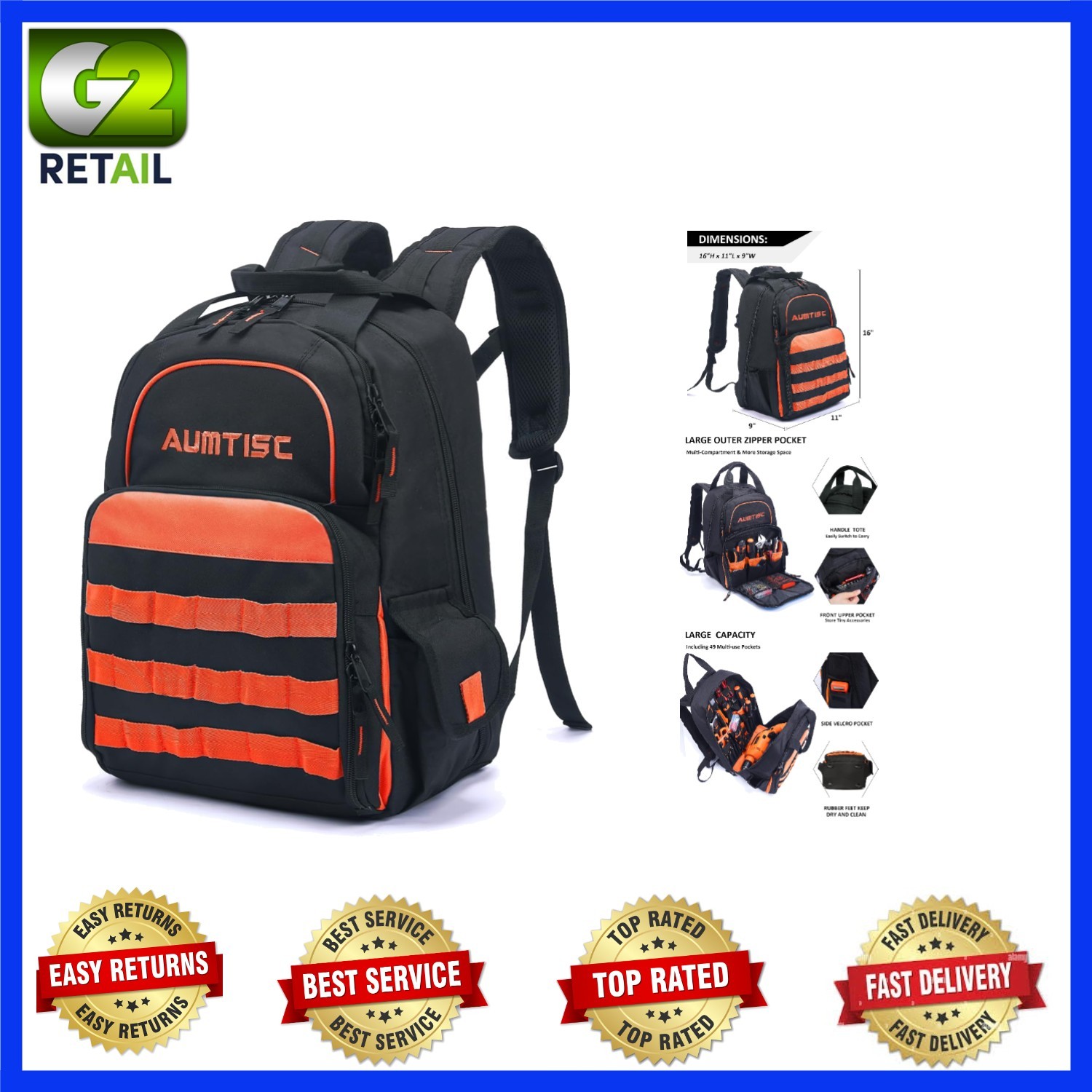 Water-Resistant Tool Organizer Backpack with Adjustable Strap & 49 Pockets