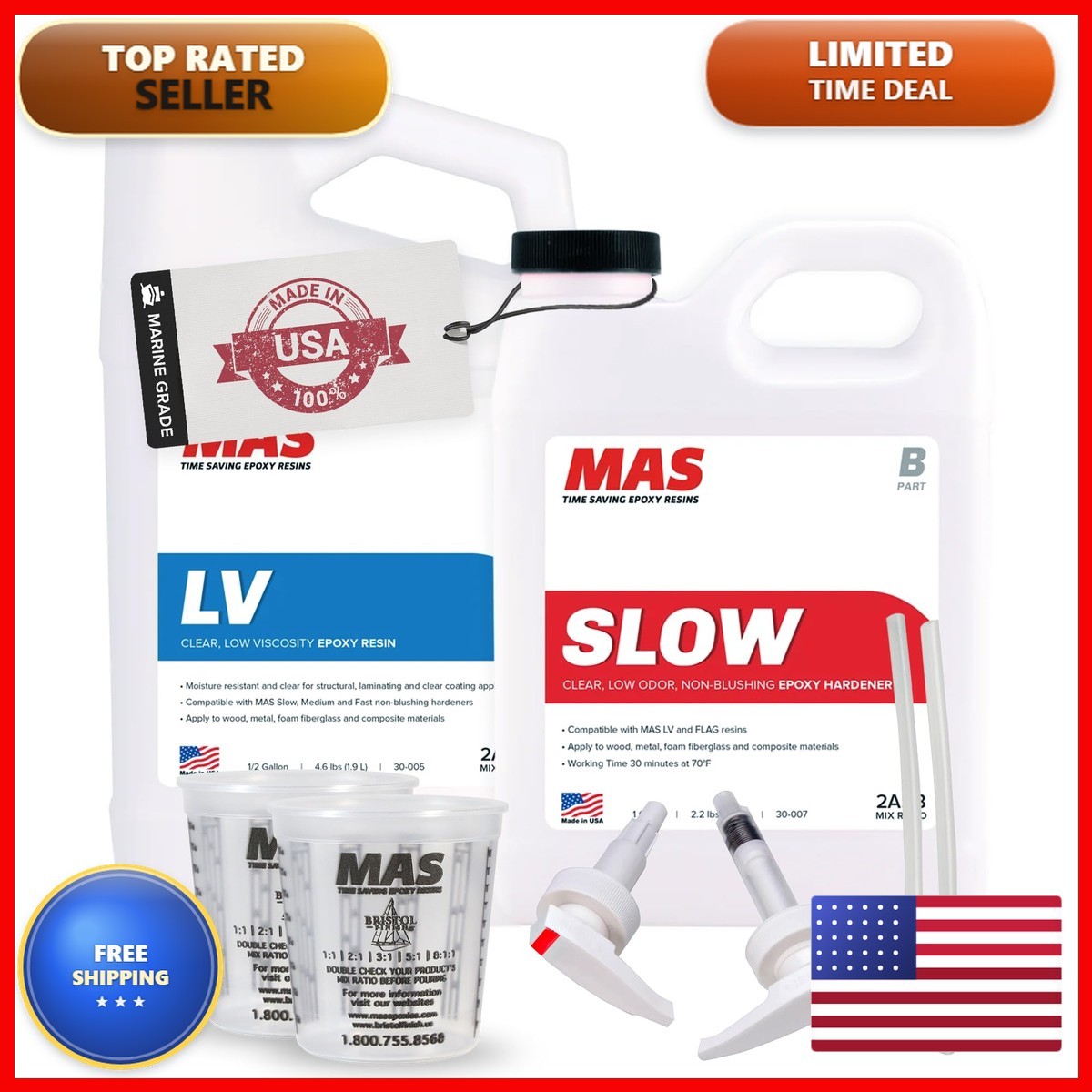 MAS Marine Epoxy 0.75-Gal Slow 2:1 Boat Wood Fiberglass Repair Kit Cups Pumps
