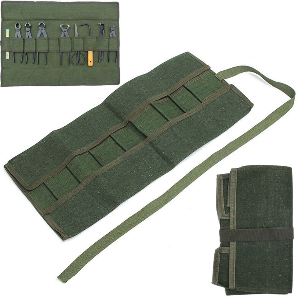 10Pockets Canvas Spanner Wrench Tool Roll Up storage bag Organizer Pouches Case~