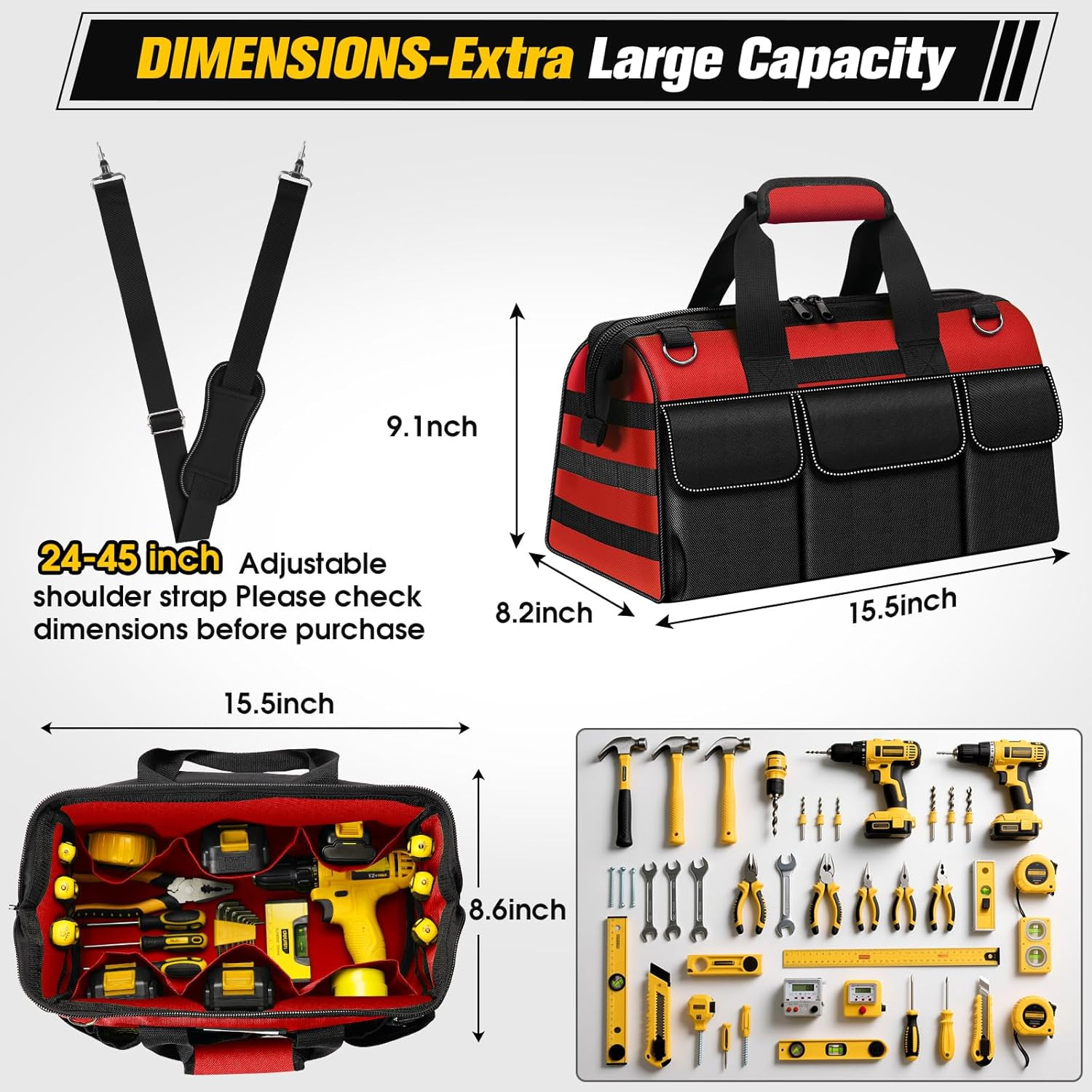 16-Inch Heavy Duty Tool Bag, 19-Pockets Tool Box Organizer, Portable Toolbag W/S