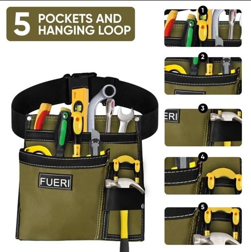FUERI 5-Pocket Cordura Single-Side Tool Pouch with Belt, Adjustable, Beige