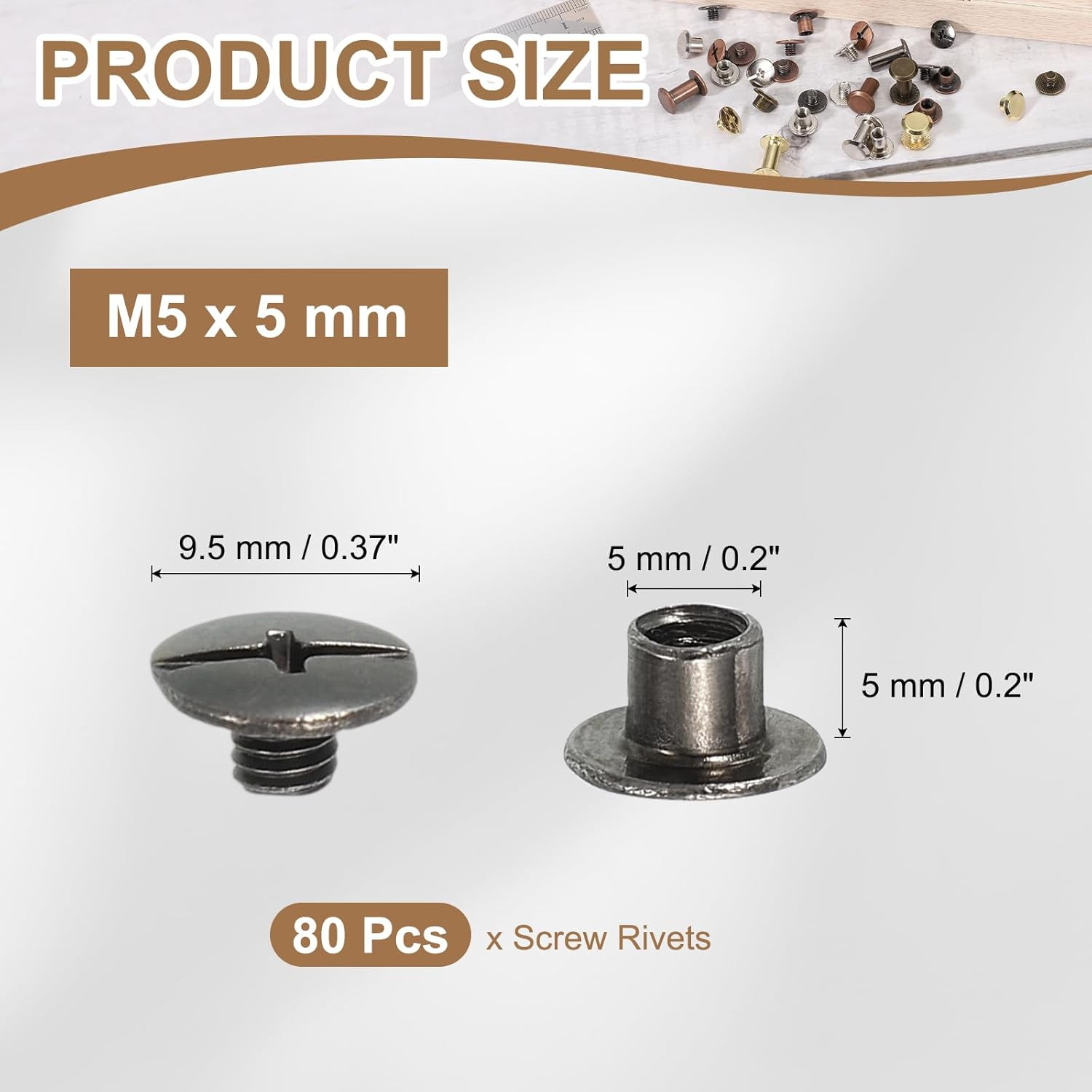 Chicago Screws, Leather Rivets for Belt Bag M5 X 5 Mm & 80 Pack & Black