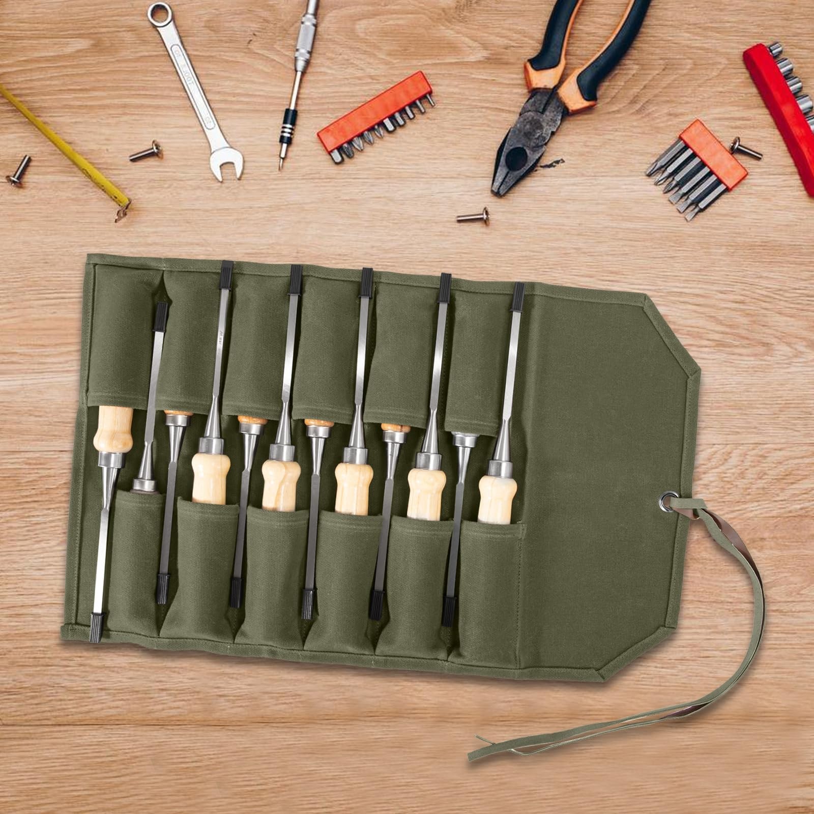 Baizoy Chisel Roll,6 Pockets Roll Up Tool Pouch,Waxed Canvas 12-Army Green