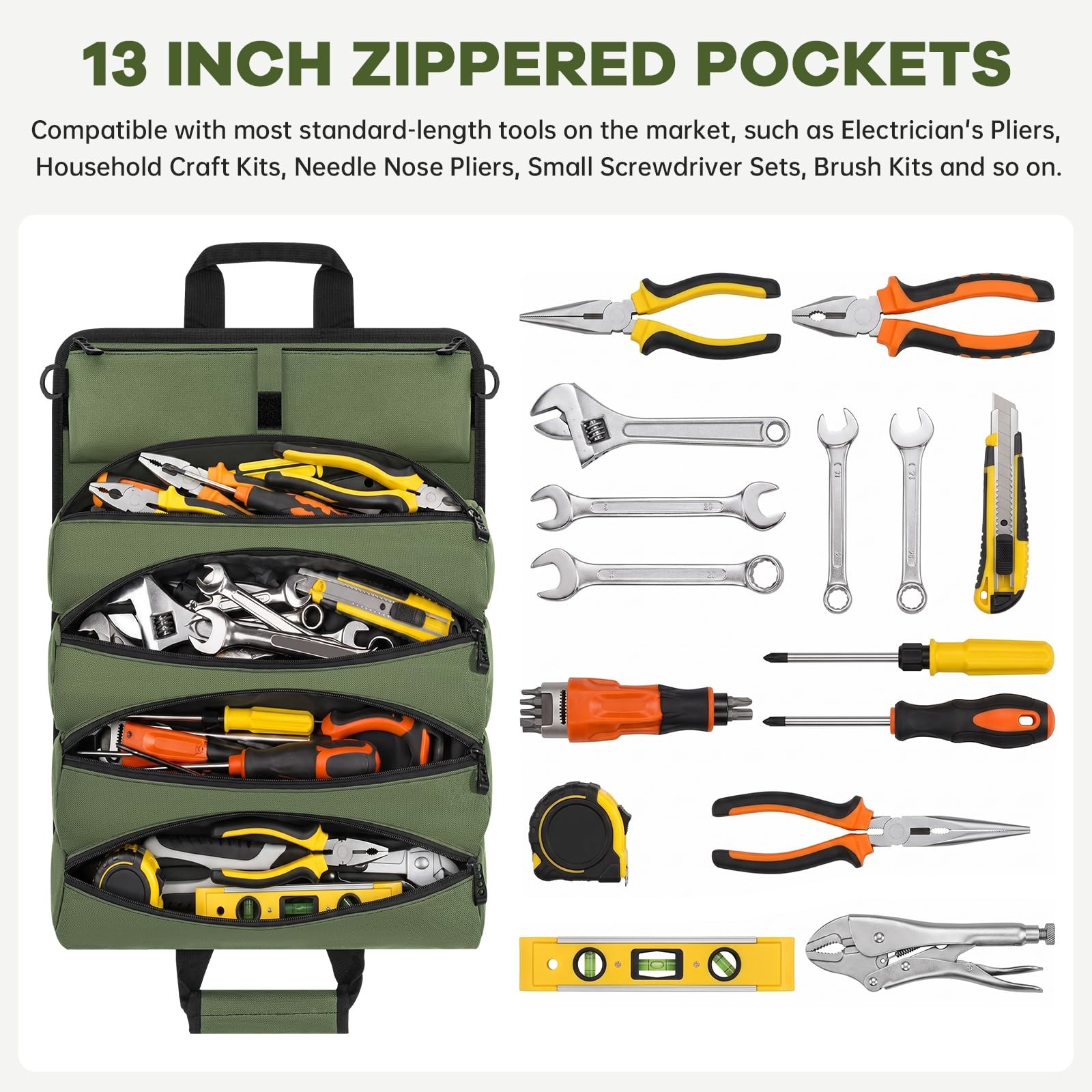 Green Regular Roll Up Tool Bag Organizer Heavy Duty 2 Detachable Pouches