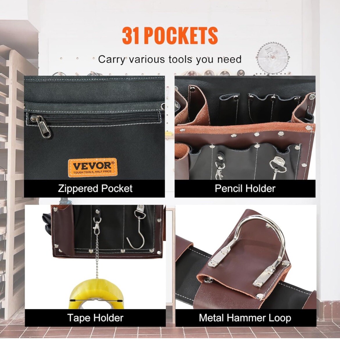 VEVOR Tool Belt Carpenter Construction Tool Pouch 31 Pockets 32″-54″ Waist Size
