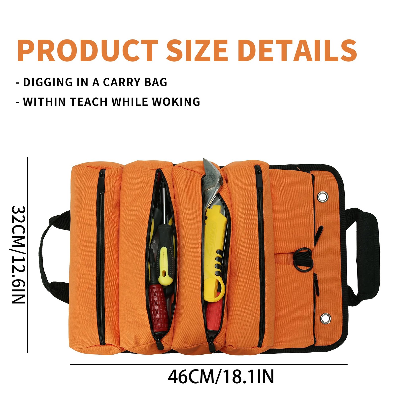 Tool Roll Bag Organizer Carrier Storage 6 Zipper Pockets Strap Mechanic Orange