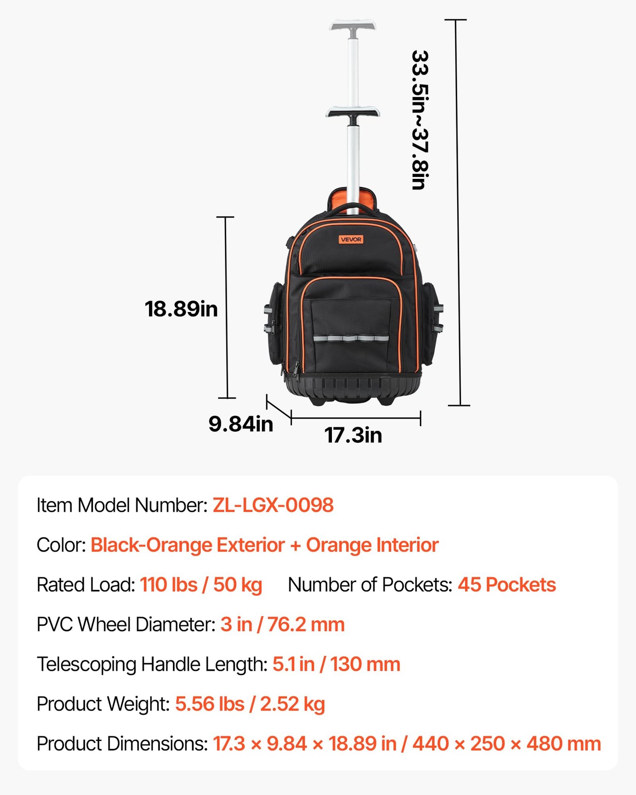 Vevor Rolling Tool Backpack 110 Lbs Load Capacity 45 Pockets Heavy Duty Roller