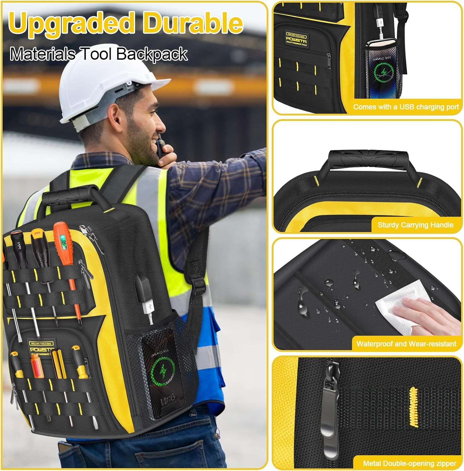 18 in Heavy-duty Tool Backpack with USB Port,Waterproof Electrician Tool Bag Bac