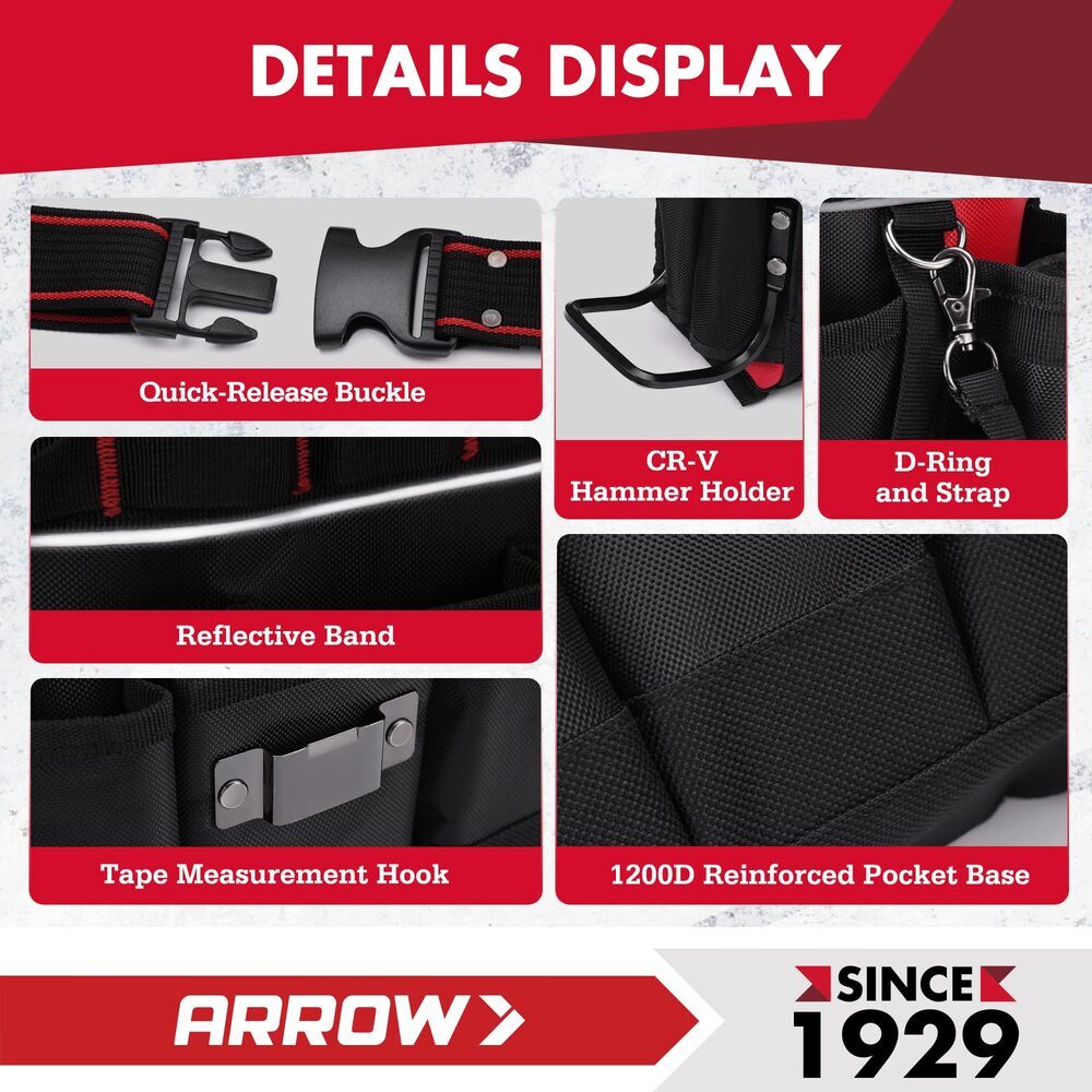 ARROW Heavy-Duty Electrician Tool Pouch with 10 Pockets 840D Oxford Fabric USA
