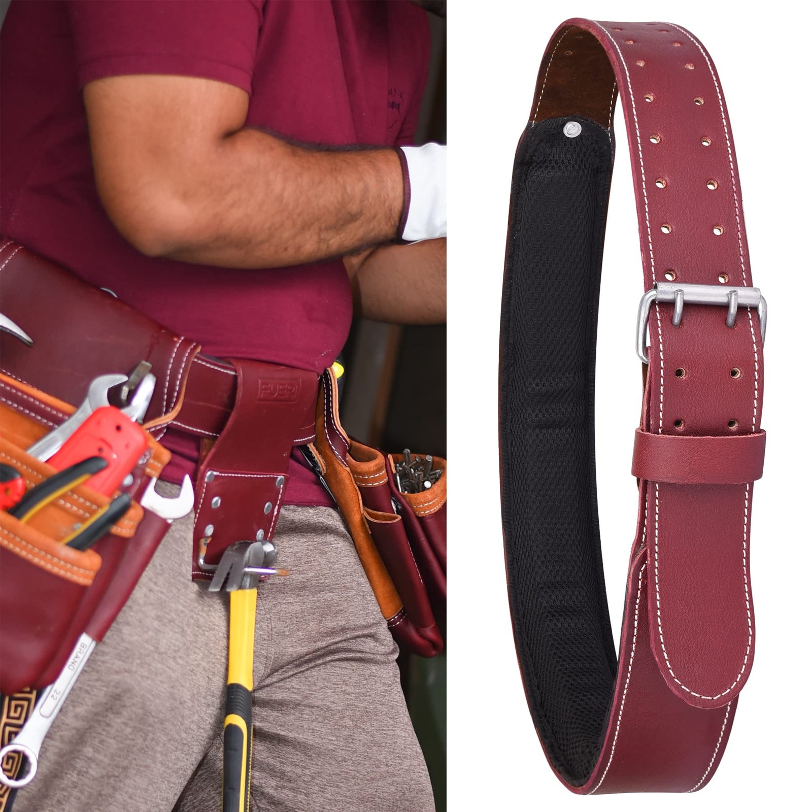 Leather Work Belt, 3” Wide Adjustable Tools Work Belt for Carpenter, Electri…