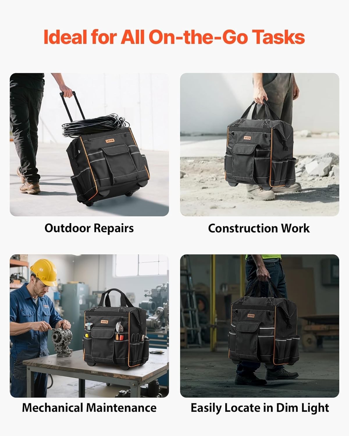 15-Inch Heavy Duty Rolling Tool Bag with 110 lbs Capacity & 25 Pockets