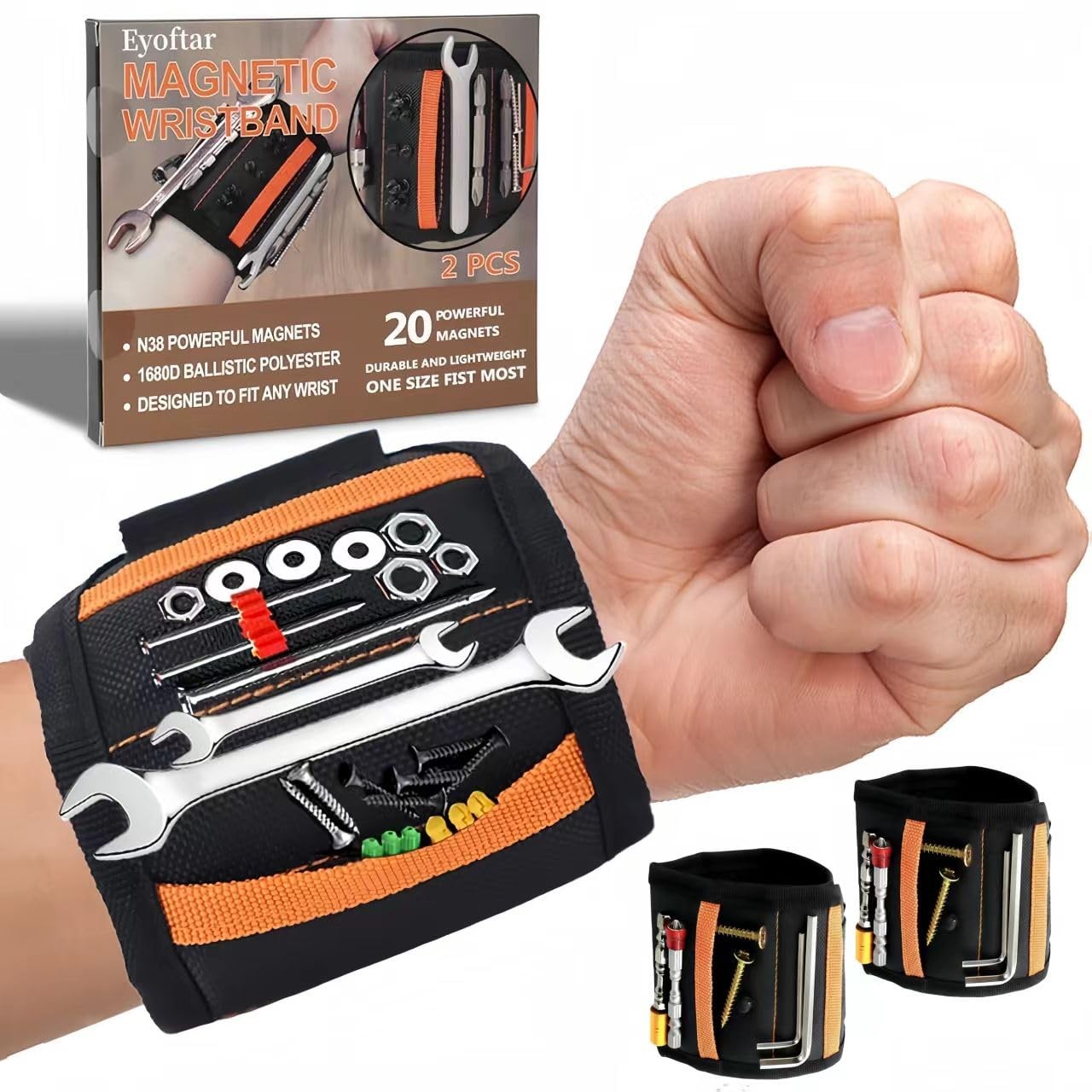 Magnetic Wristband for Tools (2-Pack) – Premium Tool Belt One Size, Orange