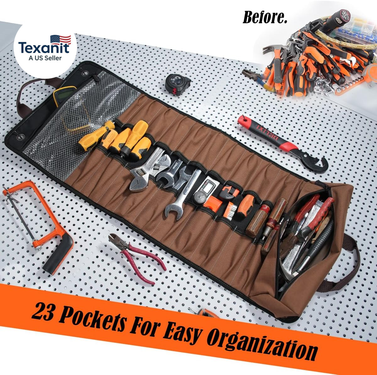 23-Pocket Canvas Tool Roll, Heavy-Duty Tool Wrap Roll, Waterproof Canvas Roll up