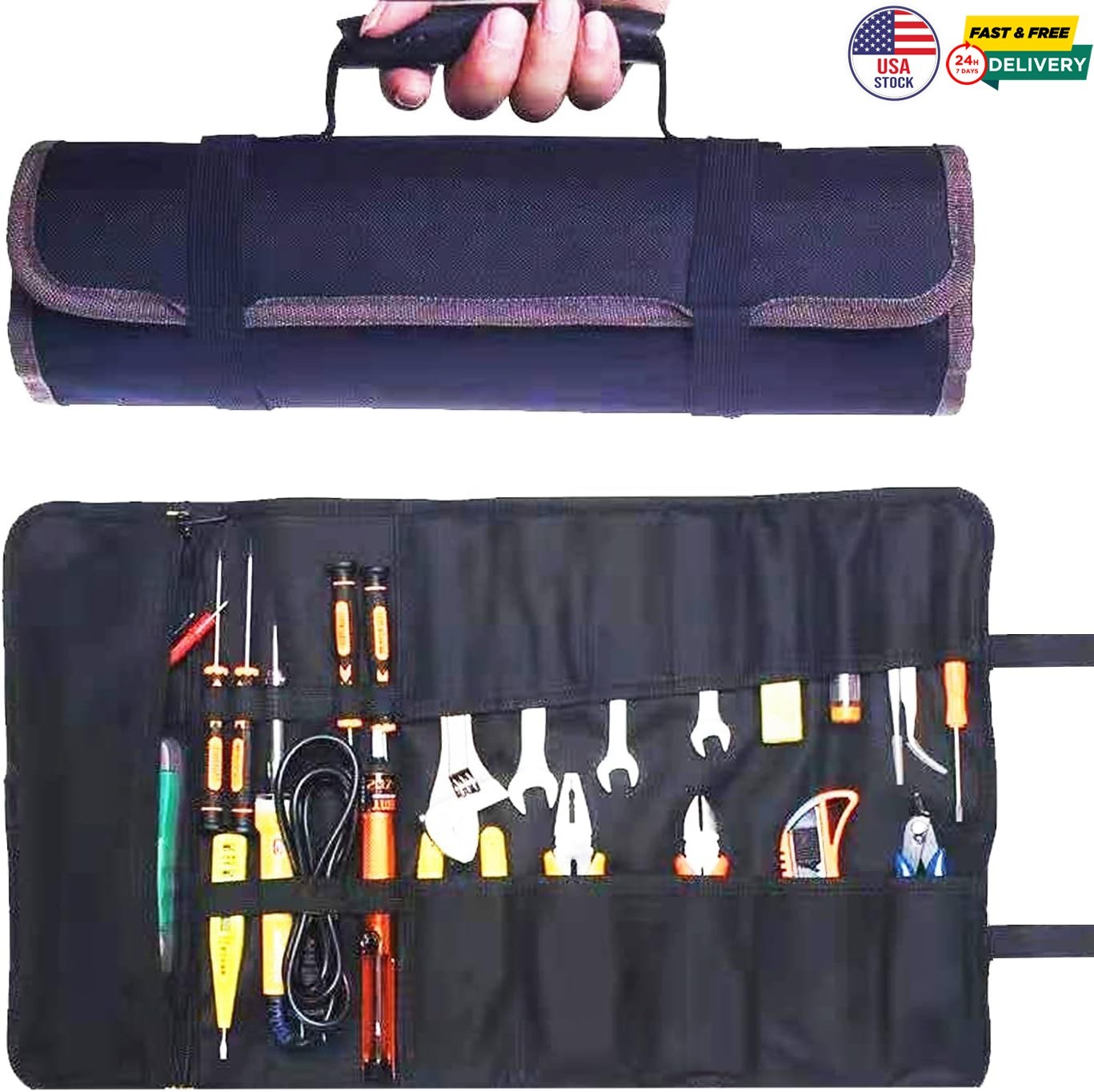 23 Pocket Tool Bag Roll Up Tool Organizer with Zipper Pouch Portable Heavy Duty