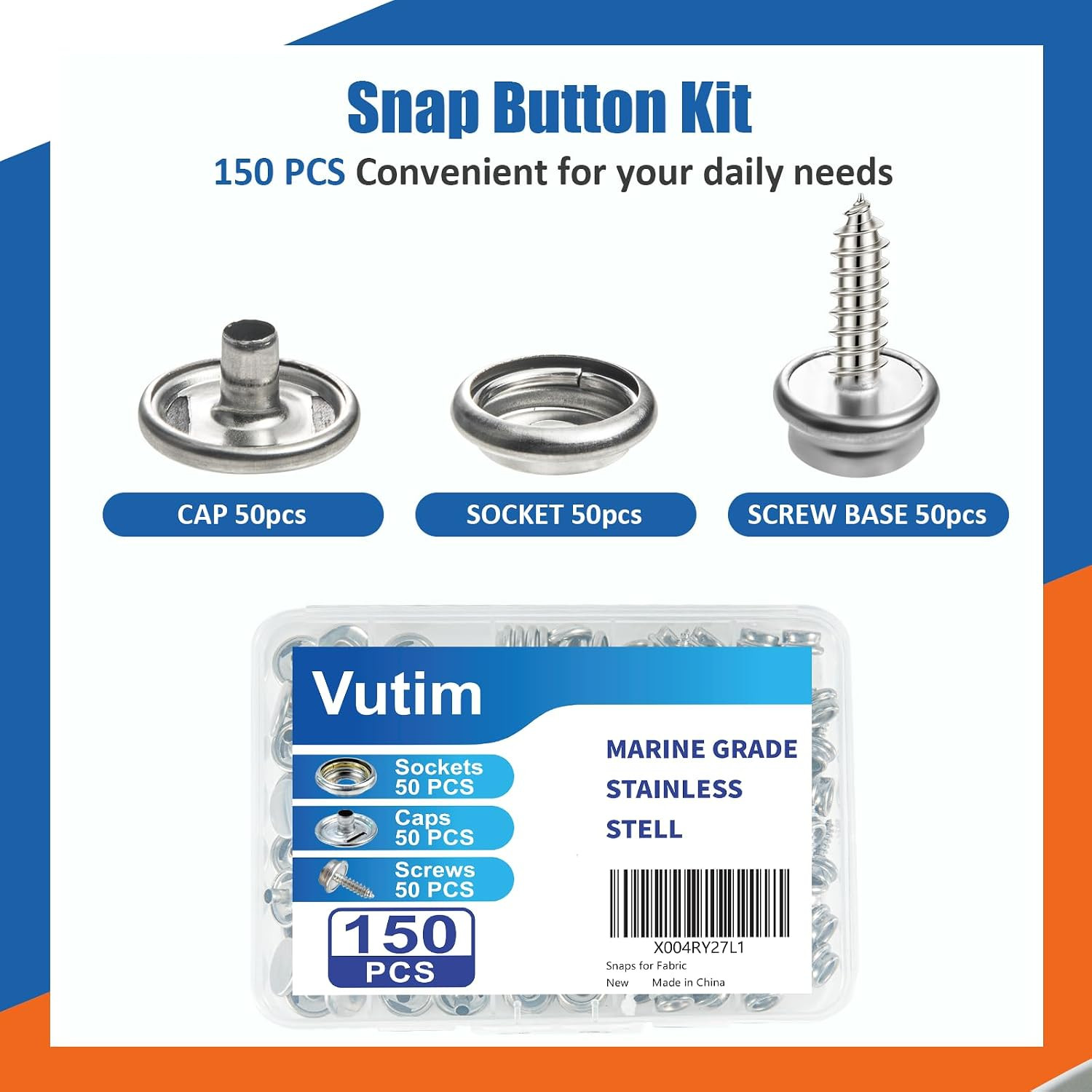150 PCS Canvas Snap Fastener Tool Set, Vutim Marine-Grade 3/8″ Stainless Steel S