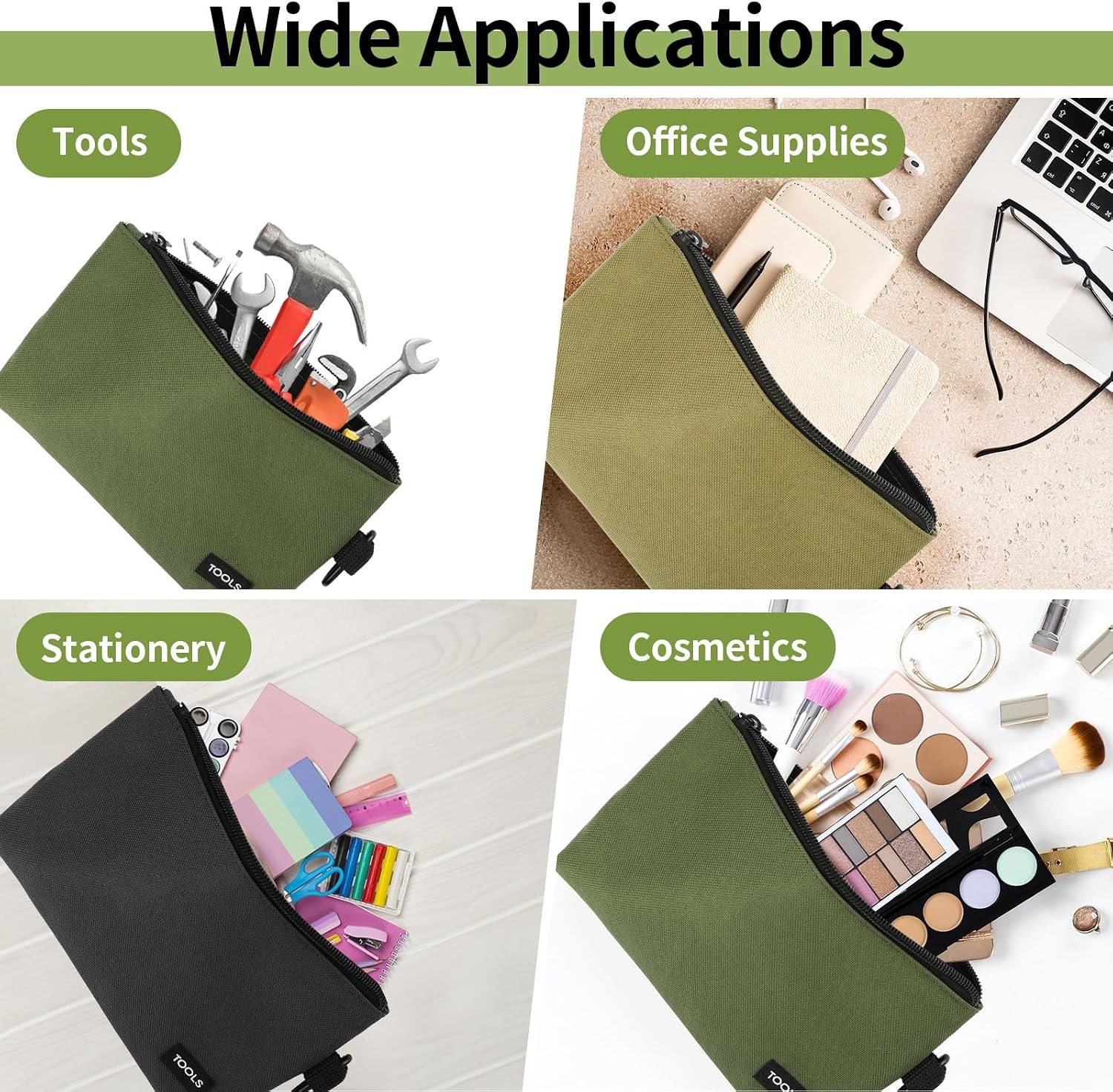 3 Pcs Zipper Tool Pouches, Flat Bottom Utility Bags with Carabiners | 600D