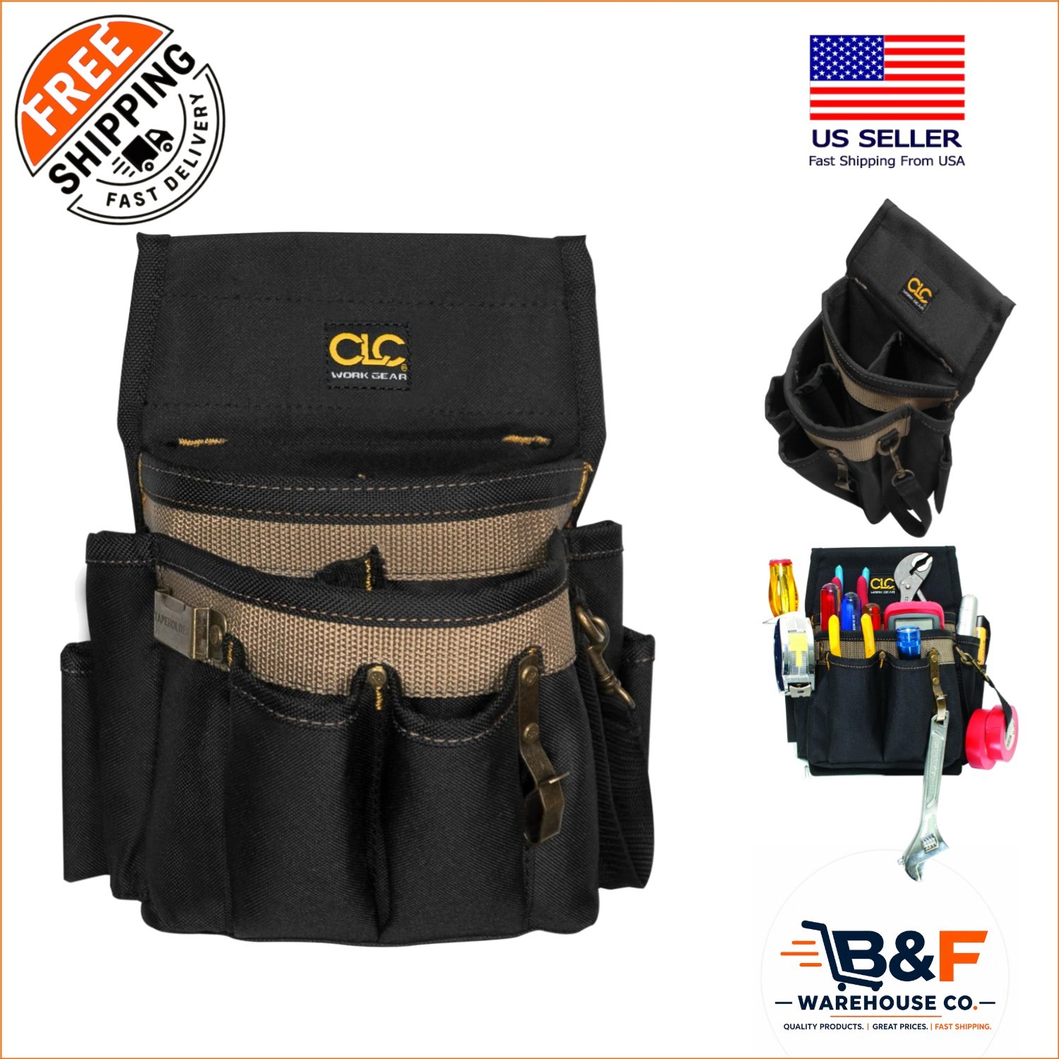 10-Pocket Black/Tan Tool Pouch for Electricians – Heavy Duty Polyester Design