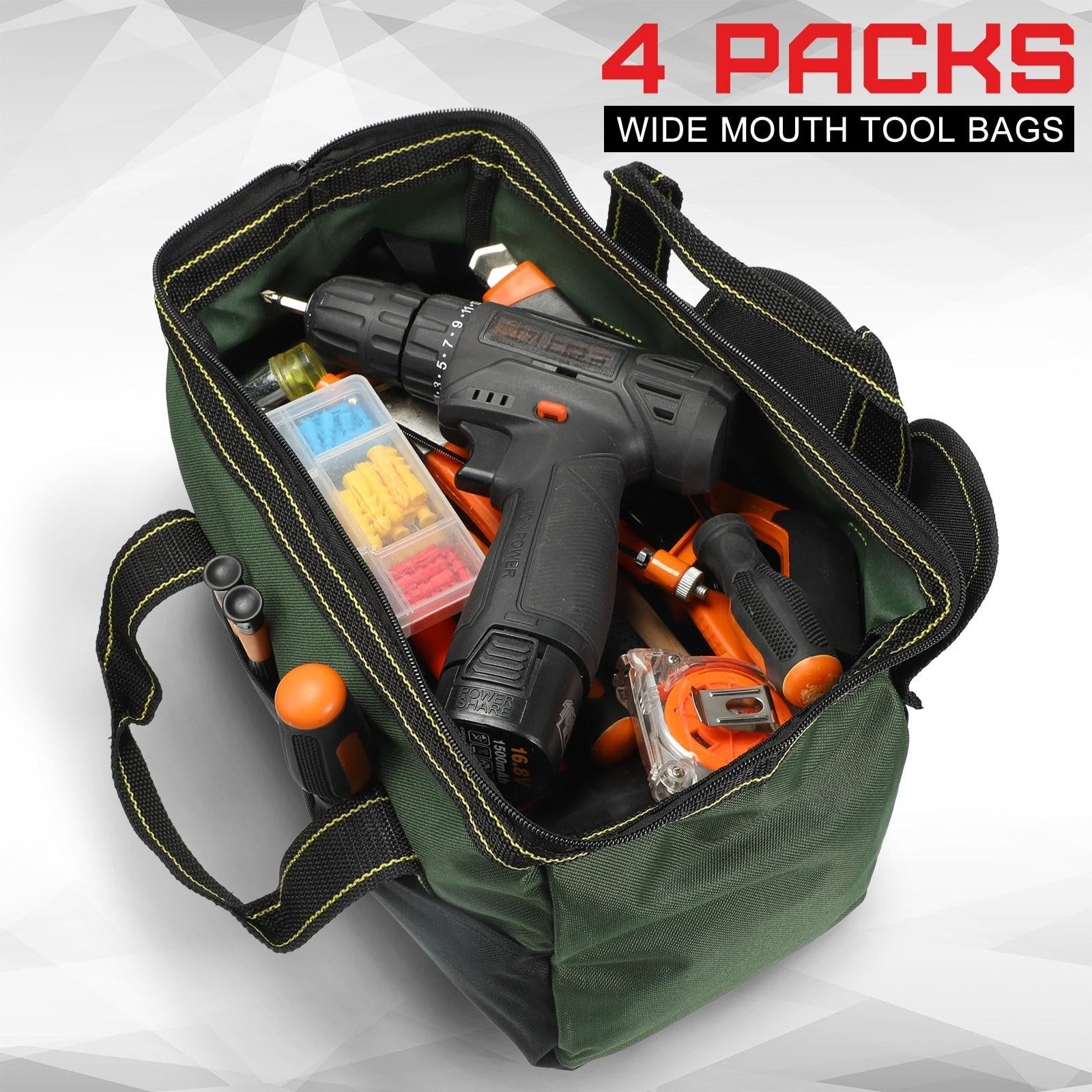 Waterproof Tool Bag Strong Molded Base Multi Pockets Wide Mouth Tote 4 PCS