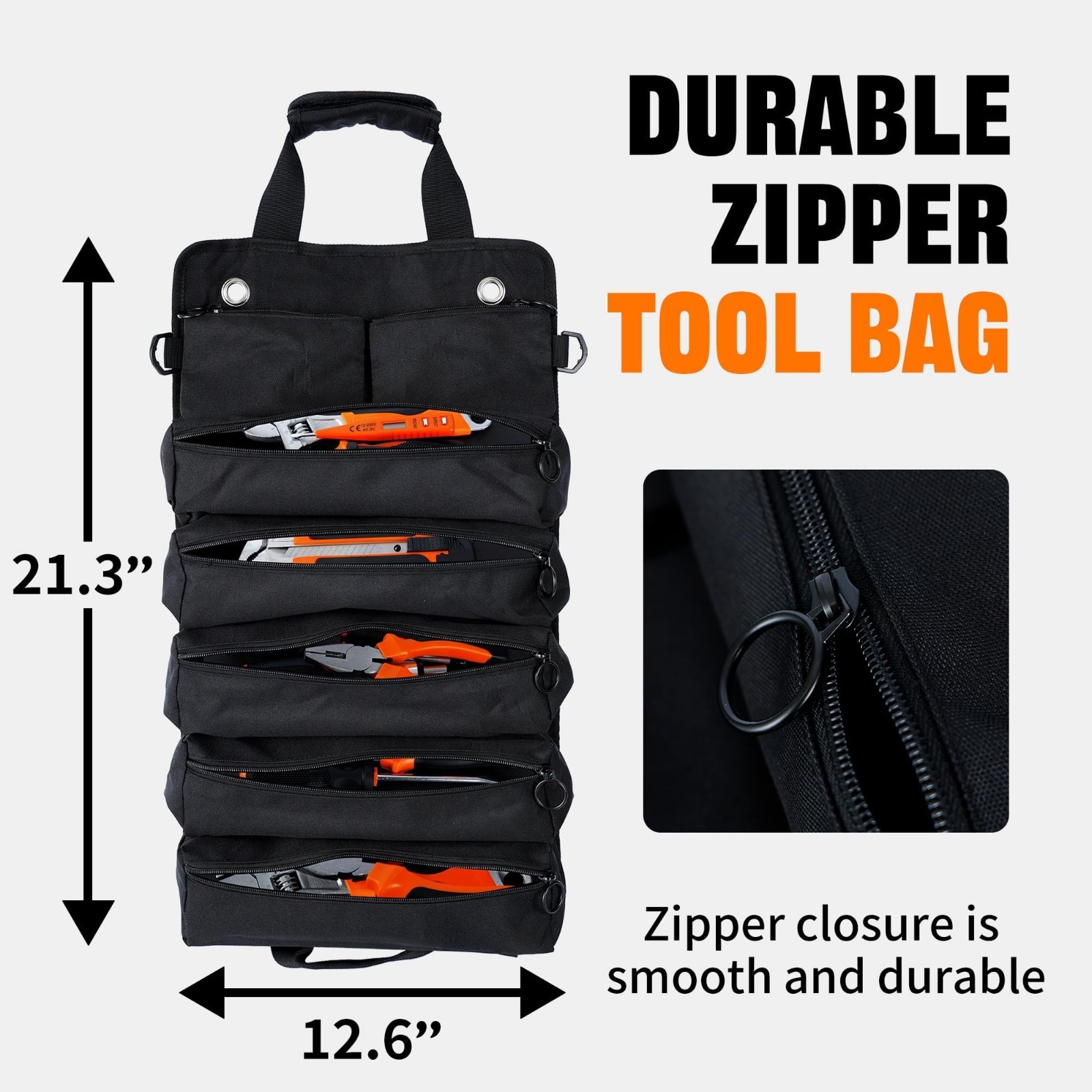 Heavy Duty Portable Tool Bag – Foldable Roll Up Organizer with 5 Compartments &