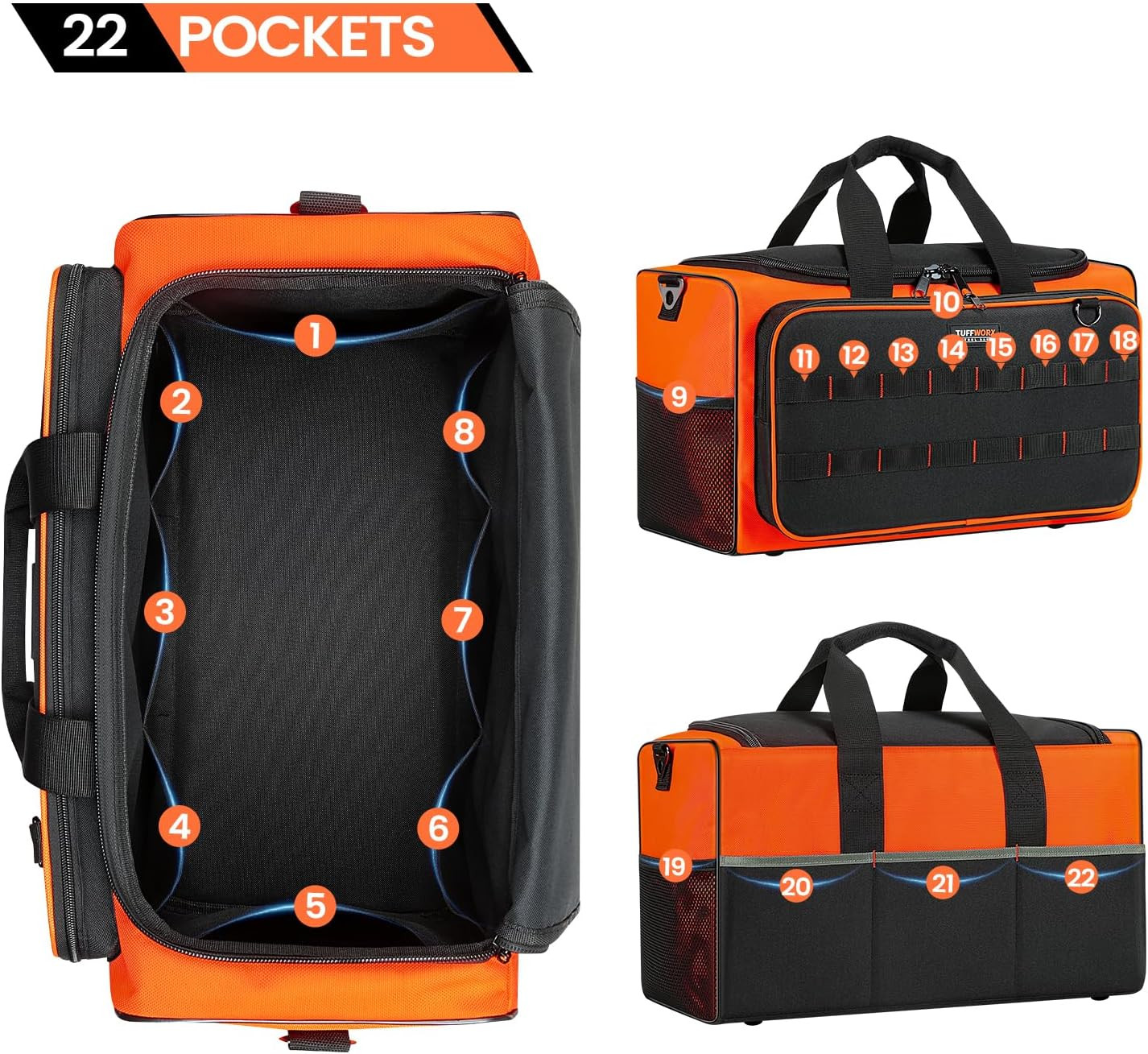 Durable Heavy Duty Tool Bag, 2 Pockets, 19.7″x11.8″x10.6″, Black & Orange