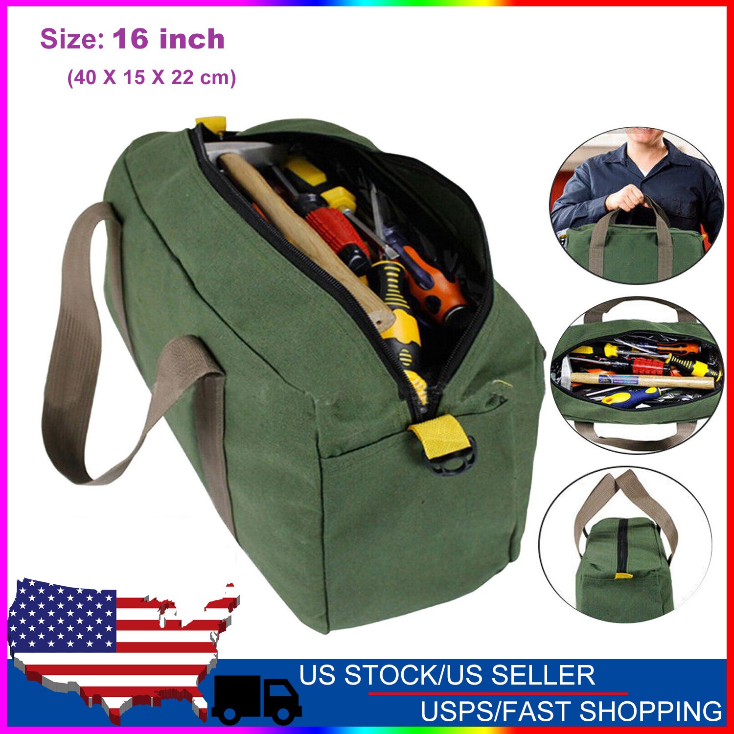 16” HEAVY DUTY GREEN MILITARY STYLE MECHANICS HARD BOTTOM TOOL BAG ZIPPER