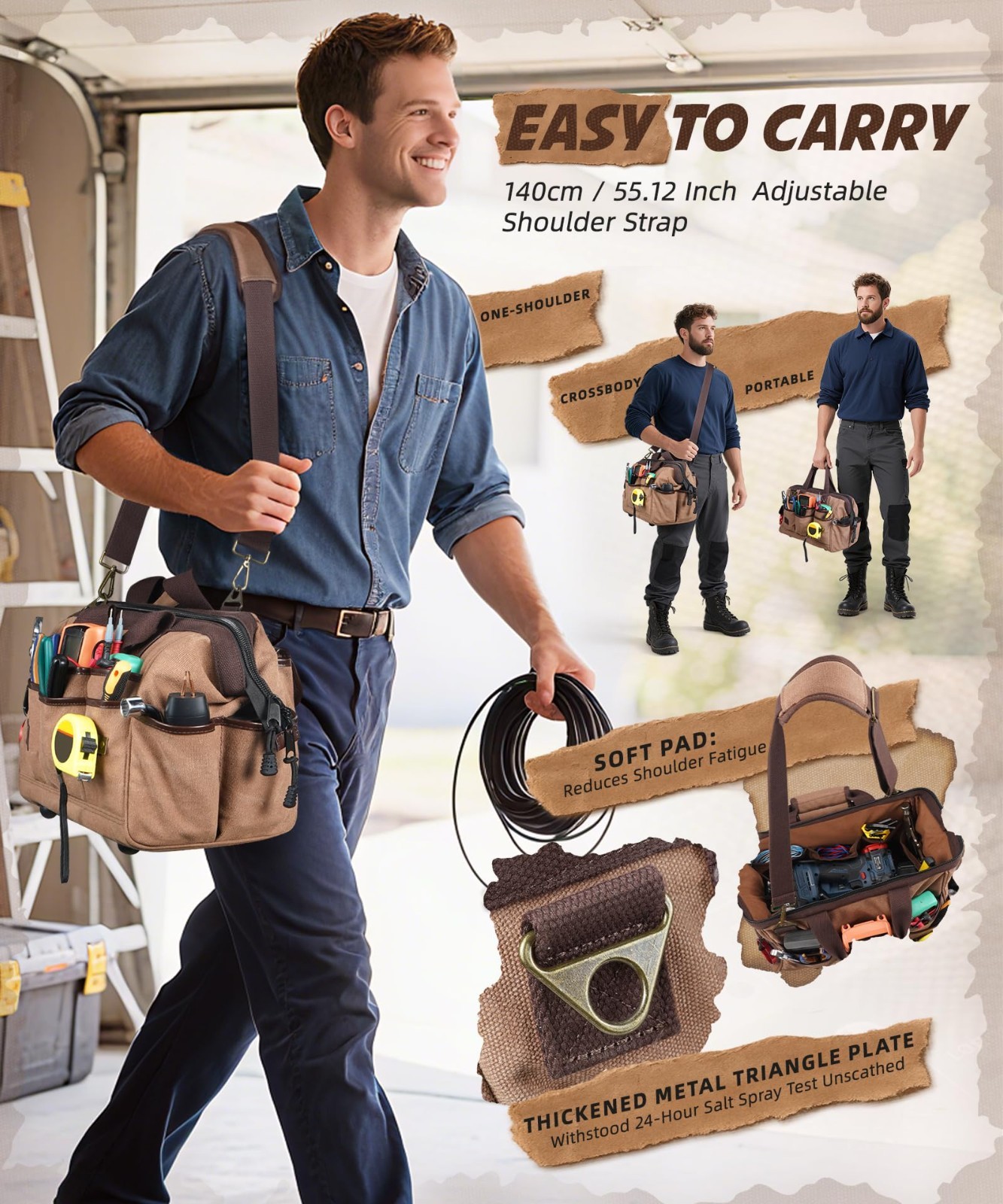 14″ Portable Tool Bag – 21 Pockets Heavy Duty Canvas Organizer with Wide Mouth &
